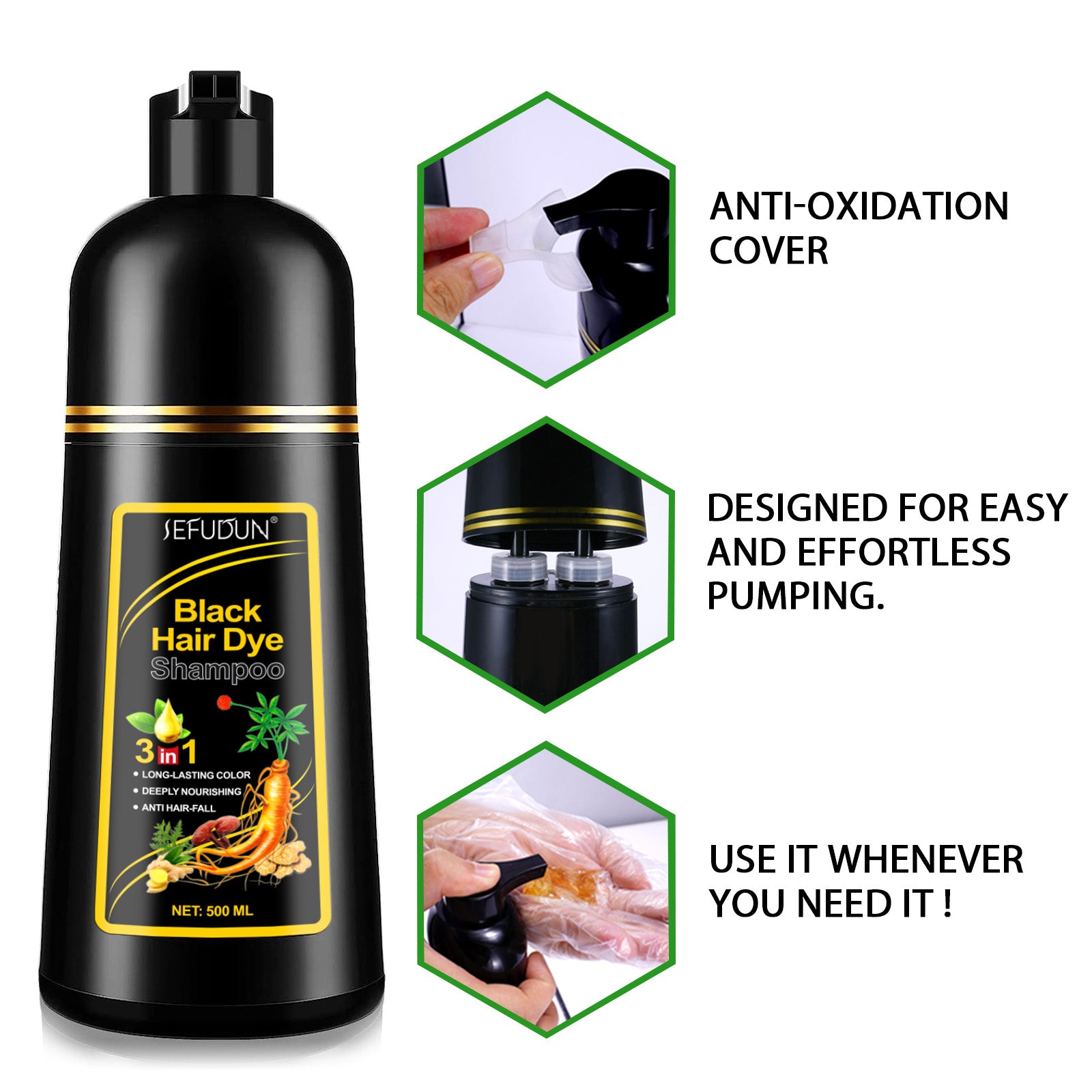 SEFUDUN 3in1 BLACK Hair Dye Shampoo, 500ml