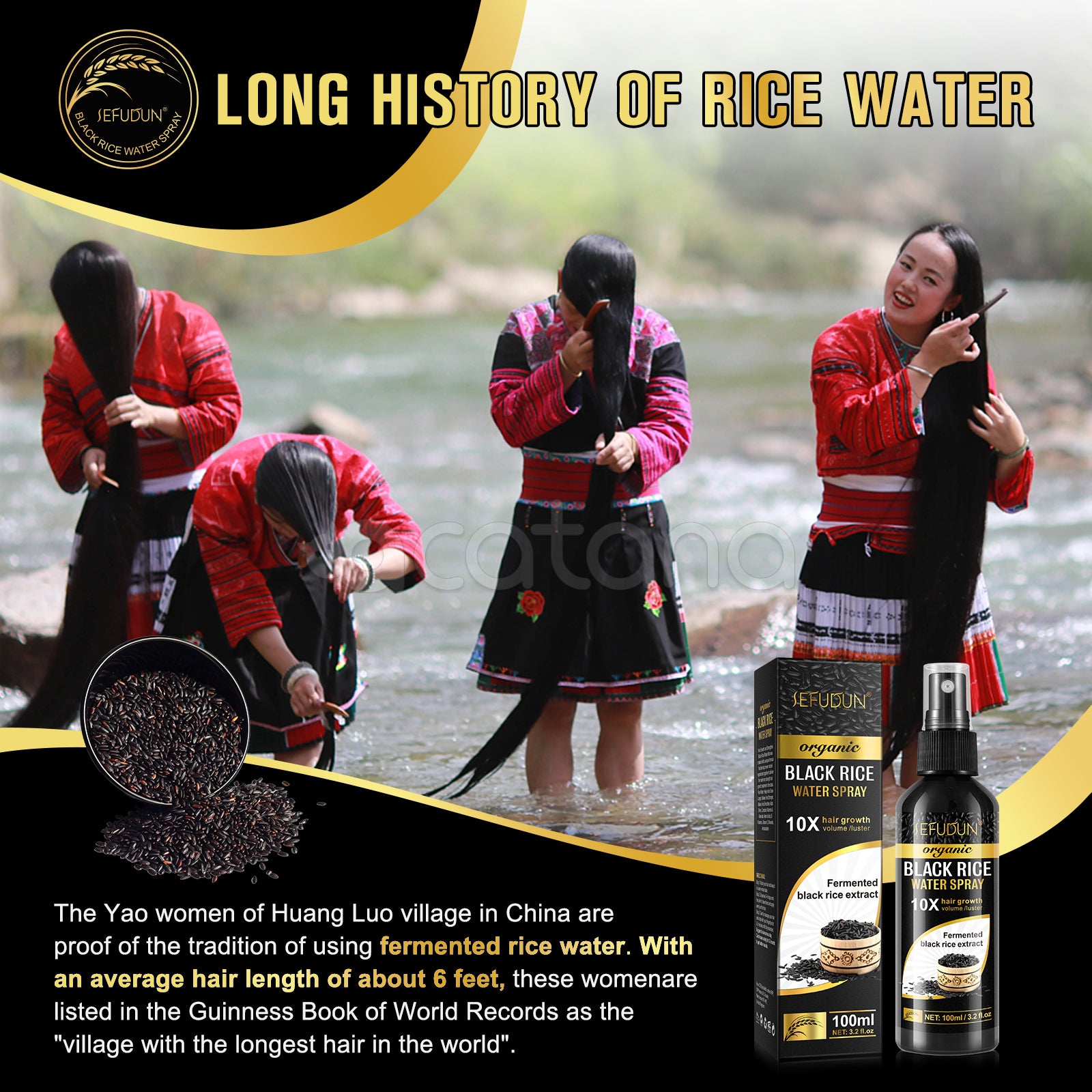 SEFUDUN Organic Black Rice Water Spray for Hair Growth, 100ml