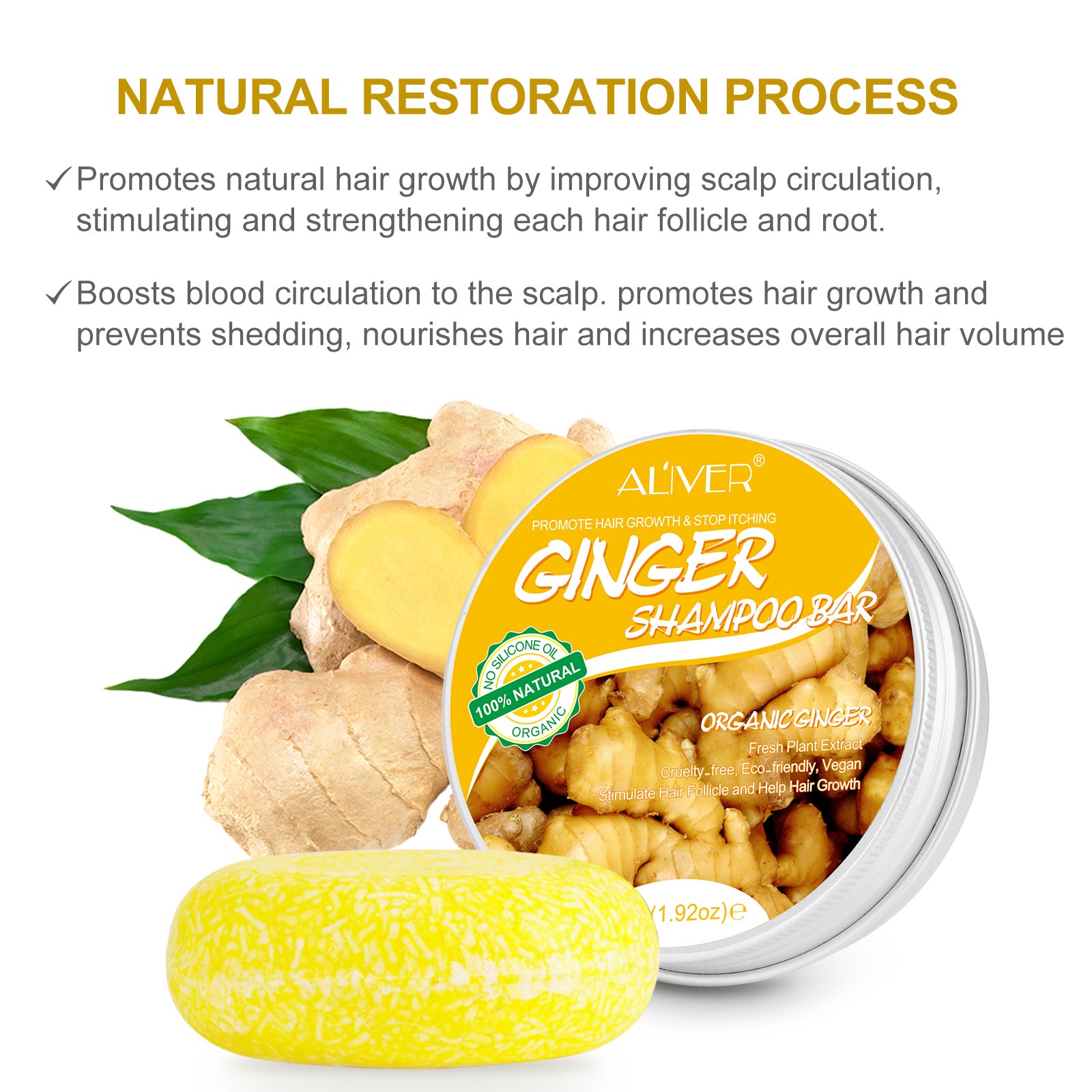 ALIVER Organic Ginger Shampoo Bar for Hair Growth, 60g