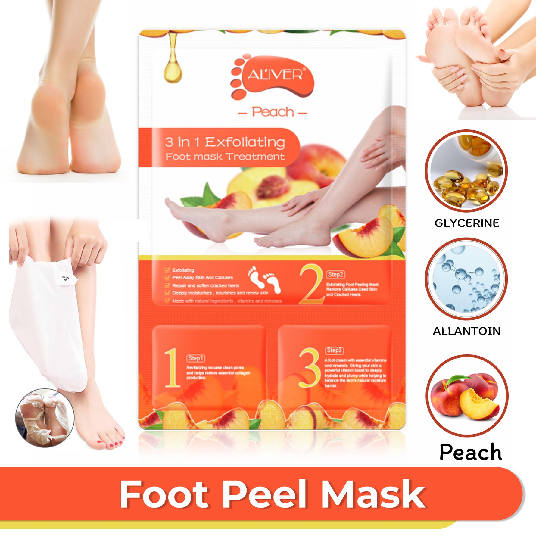 ALIVER Peach Soft Foot Peel Mask, 3in1 Kit