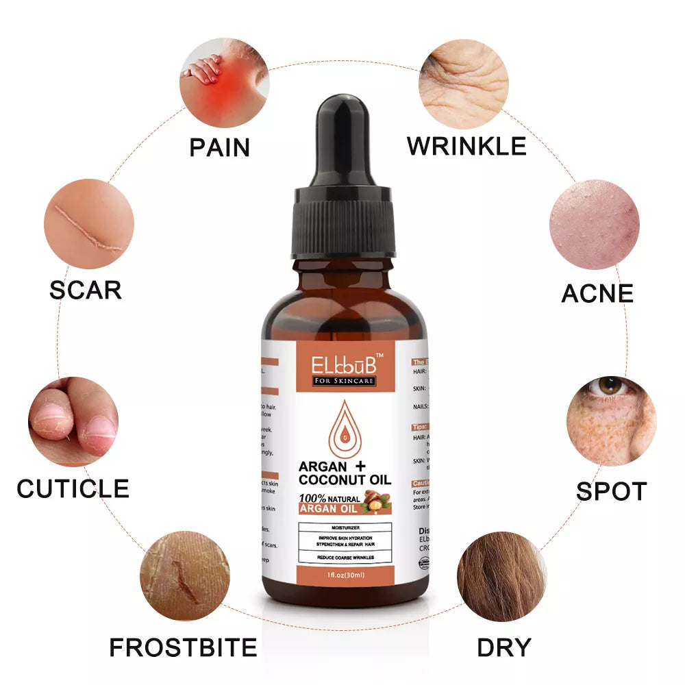 Elbbub Natural Argan Coconut Oil For Face Hair Skin Nails Reduces Wrinkles Improves Skin Moisturizer Great for Dry Scalp Split Ends Dry & Damaged Hair