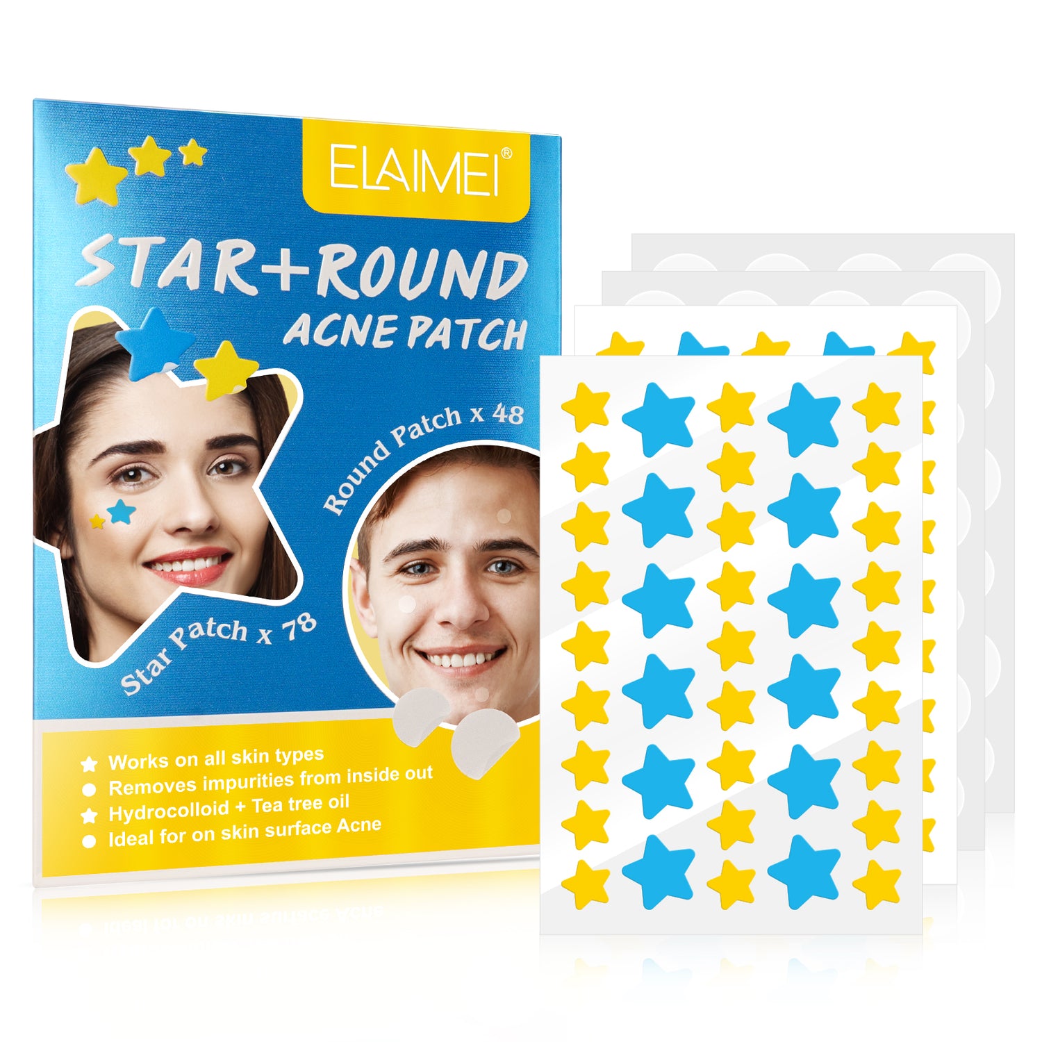 ELAIMEI Stars + Round Pimple Patches, pack of 126pcs (yellow, blue)