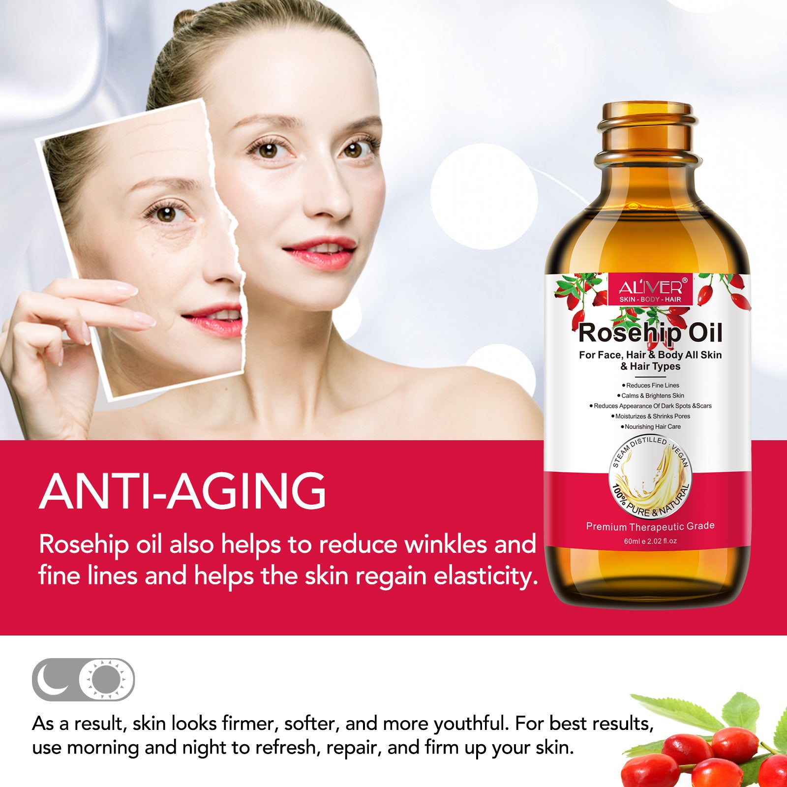 ALIVER Pure Rosehip Oil for Hair, Face & Body, 60ml