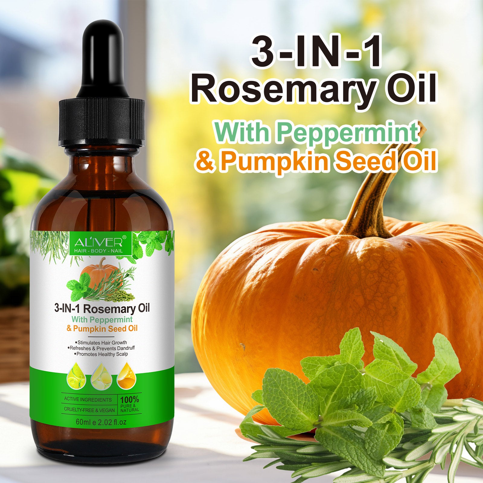 ALIVER Natural 3-in-1 Rosemary Oil with Peppermint & Pumpkin Seed Oil, 60ml