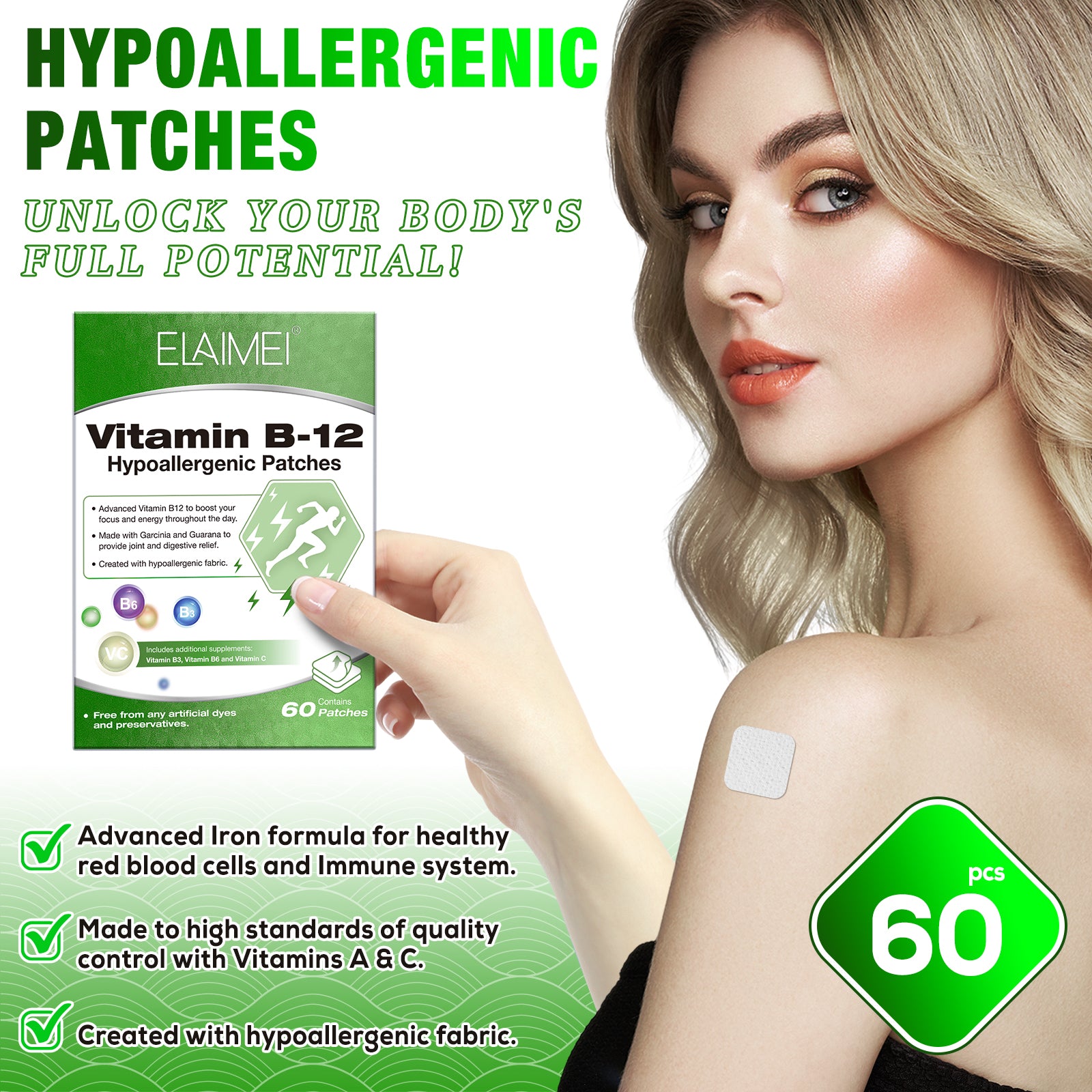ELAIMEI Vitamin B12 Hypoallergenic Patches, 60pcs