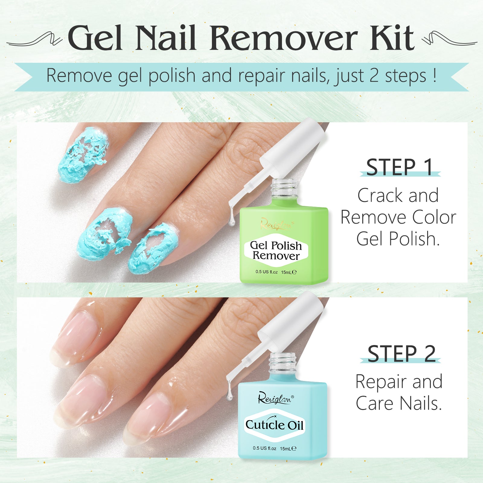 Reviglam Gel Nail Polish Remover and Cuticle Oil Manicure Kit Soak Off Fast Moisturizer Instant Nails Strength Easy to Use