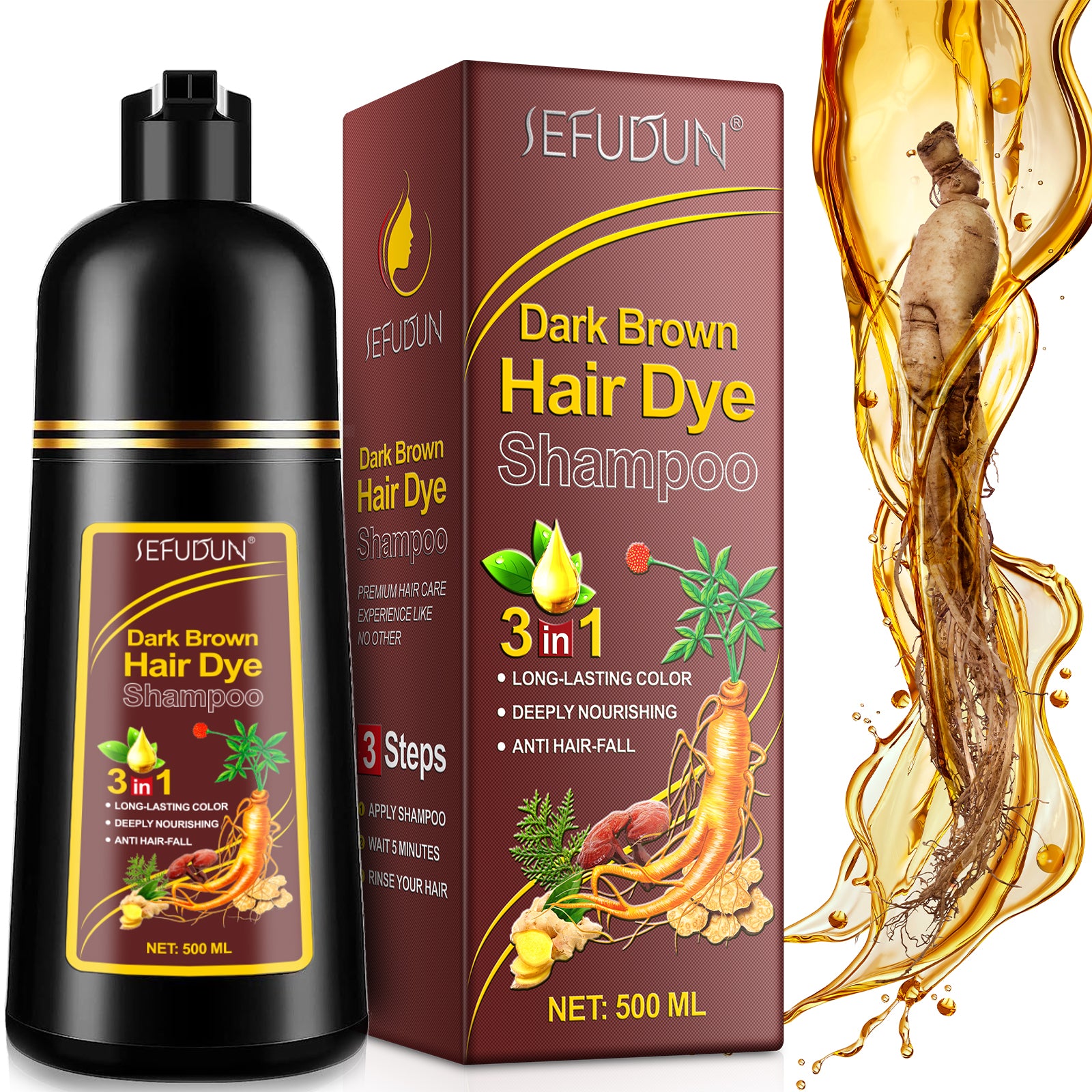SEFUDUN 3in1 DARK BROWN Hair Dye Shampoo, 500ml