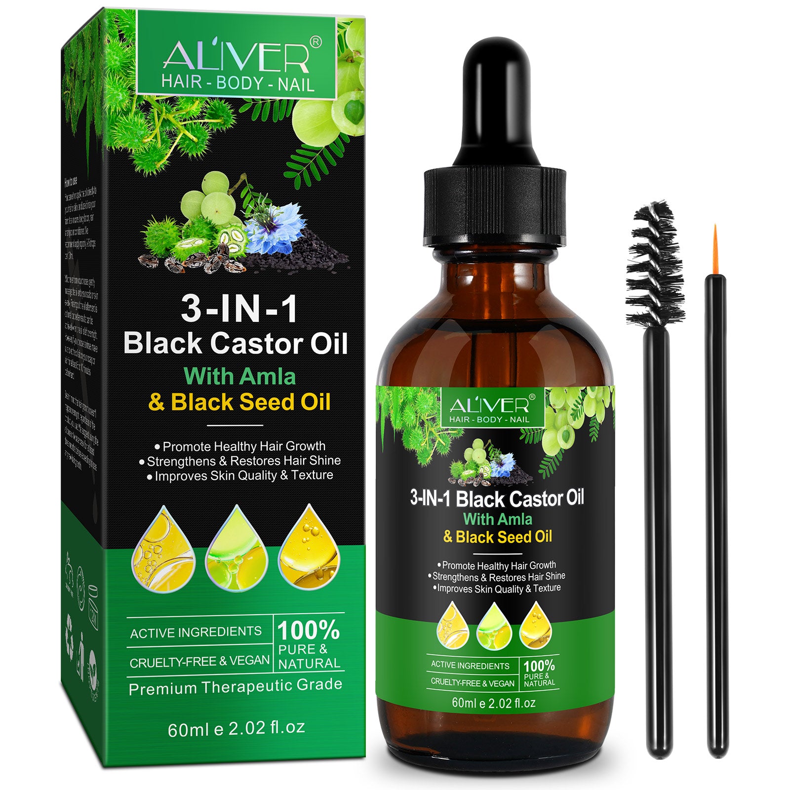 ALIVER Natural 3-in-1 Black Castor Oil with Amla & Black Seed Oil, 60ml