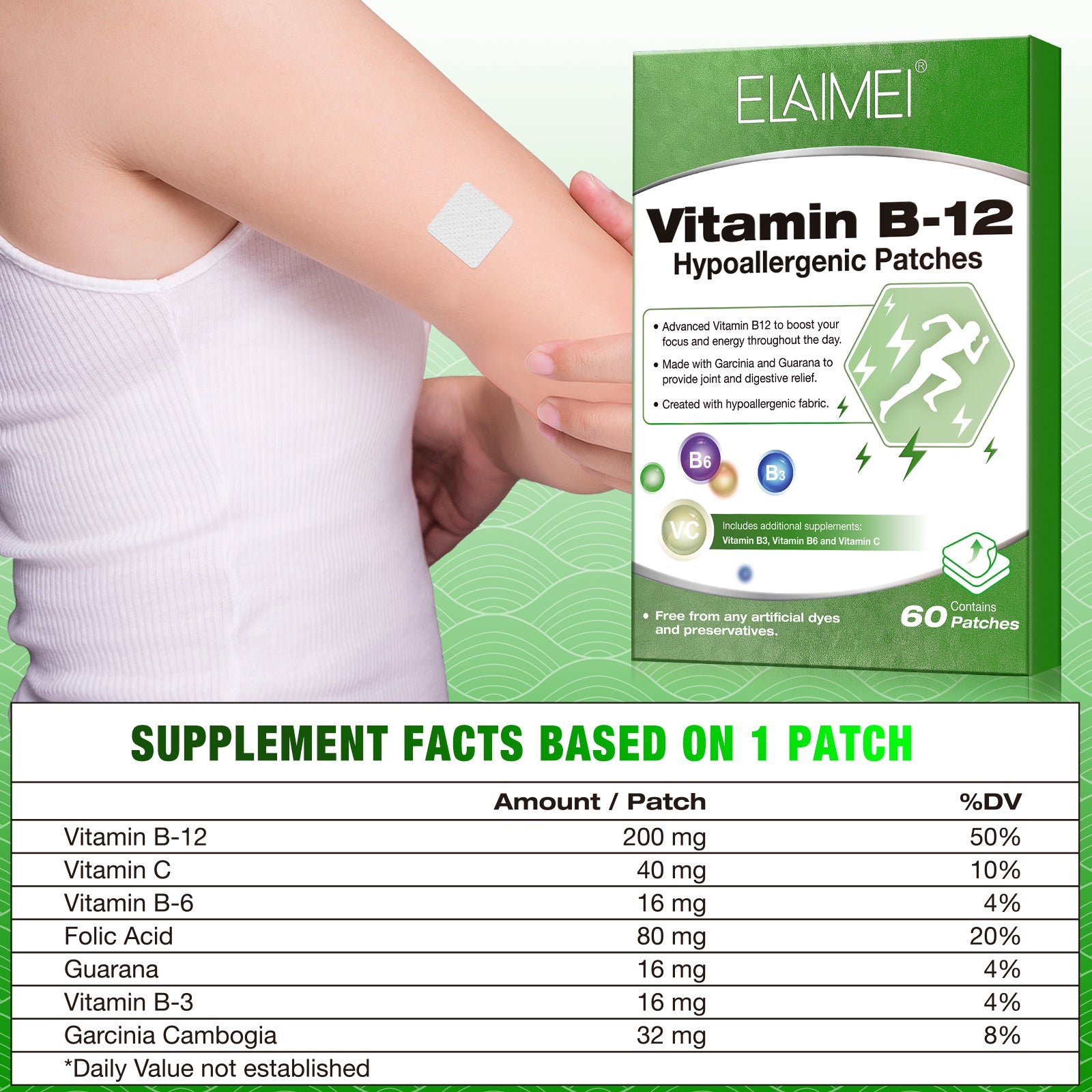 ELAIMEI Vitamin B12 Hypoallergenic Patches, 60pcs