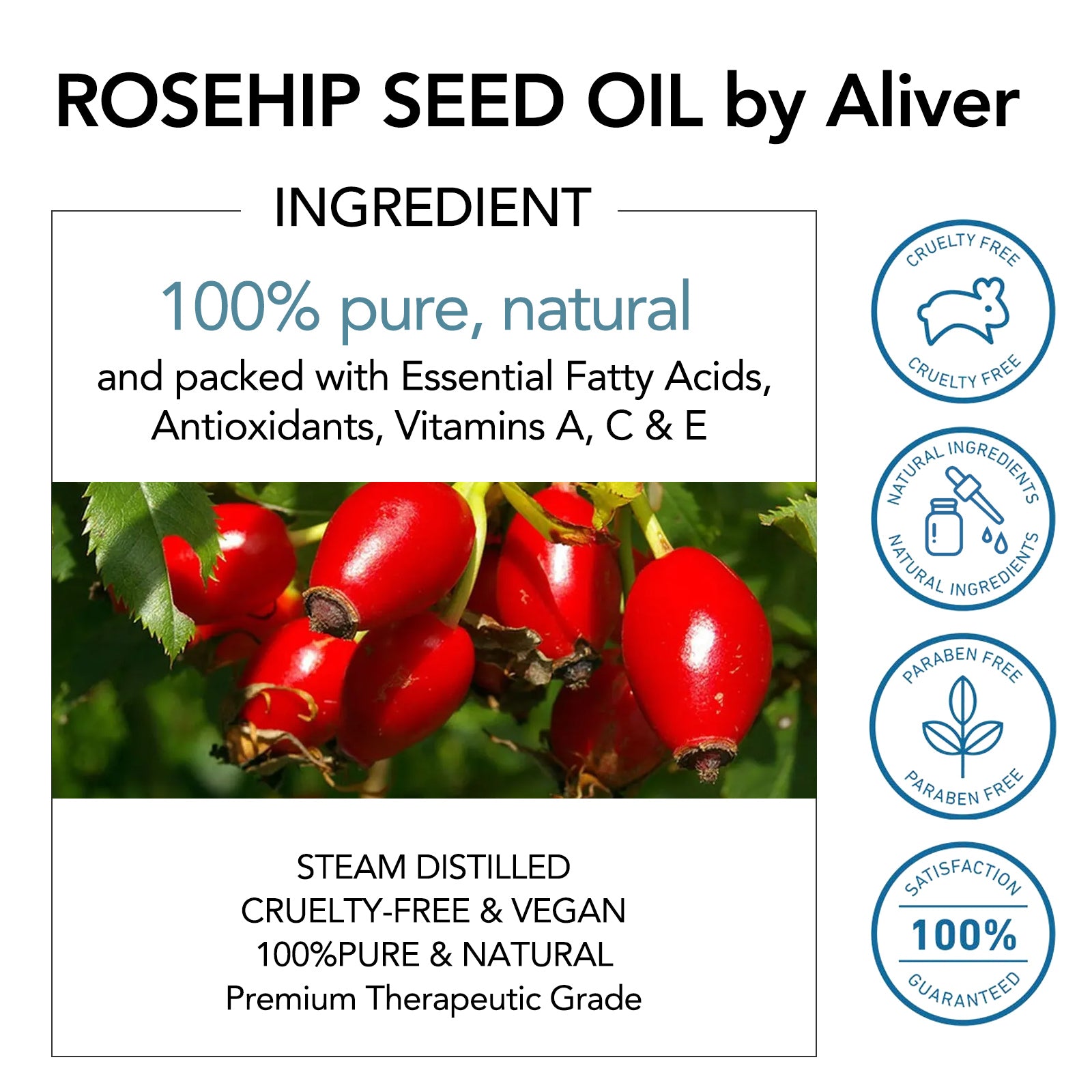 ALIVER Pure Rosehip Oil for Hair, Face & Body, 60ml