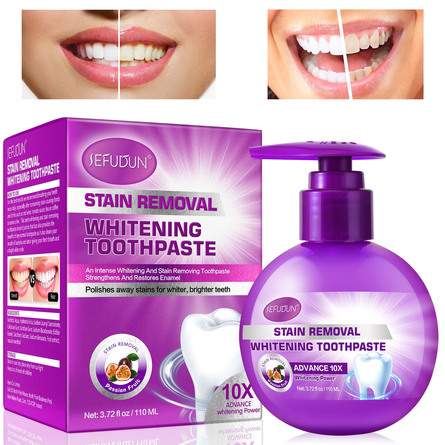 SEFUDUN Stain Removal Whitening ToothPaste, 110ml (Passion Fruit)
