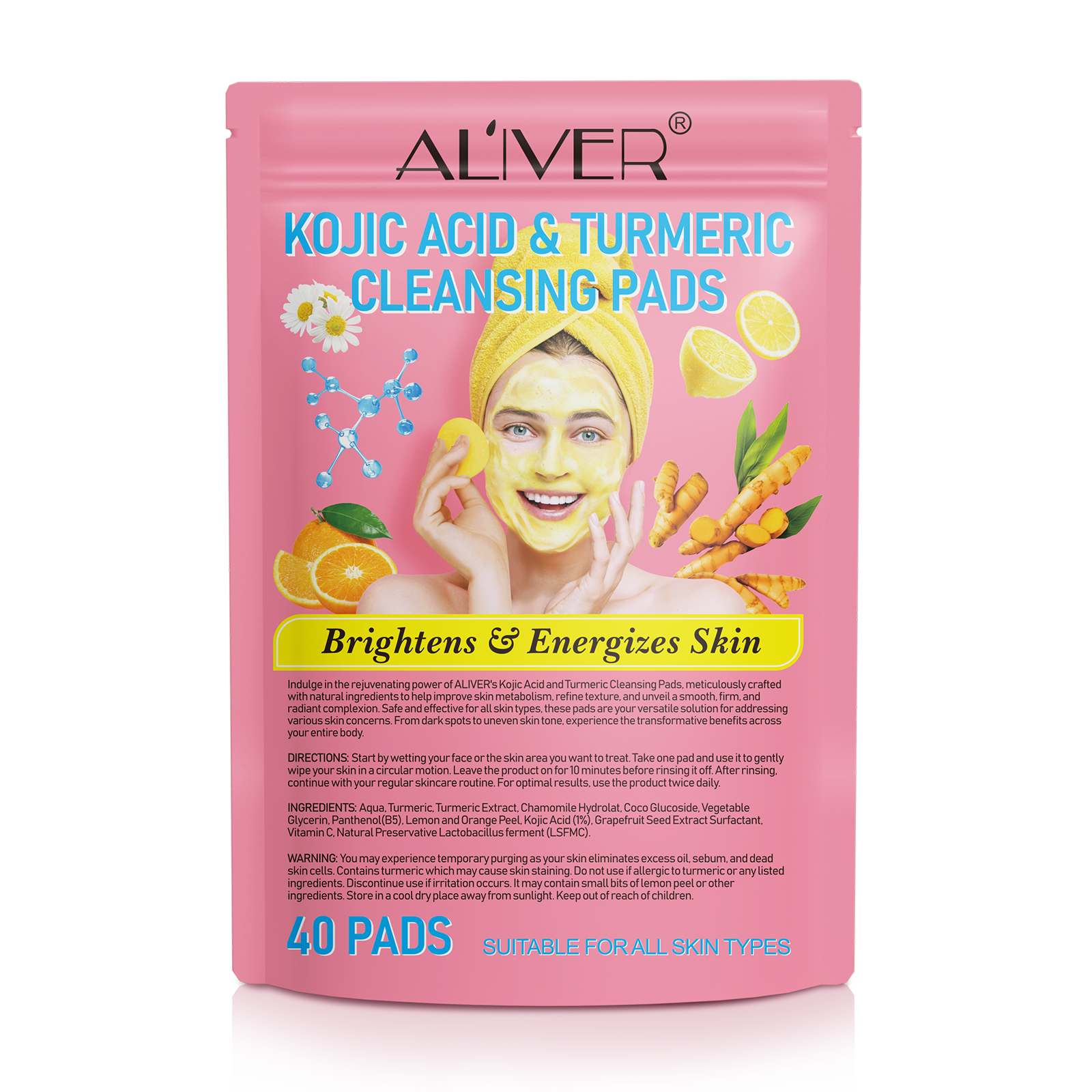 ALIVER Kojic Acid & Turmeric Cleansing Pads for Dark Spots, 40pcs