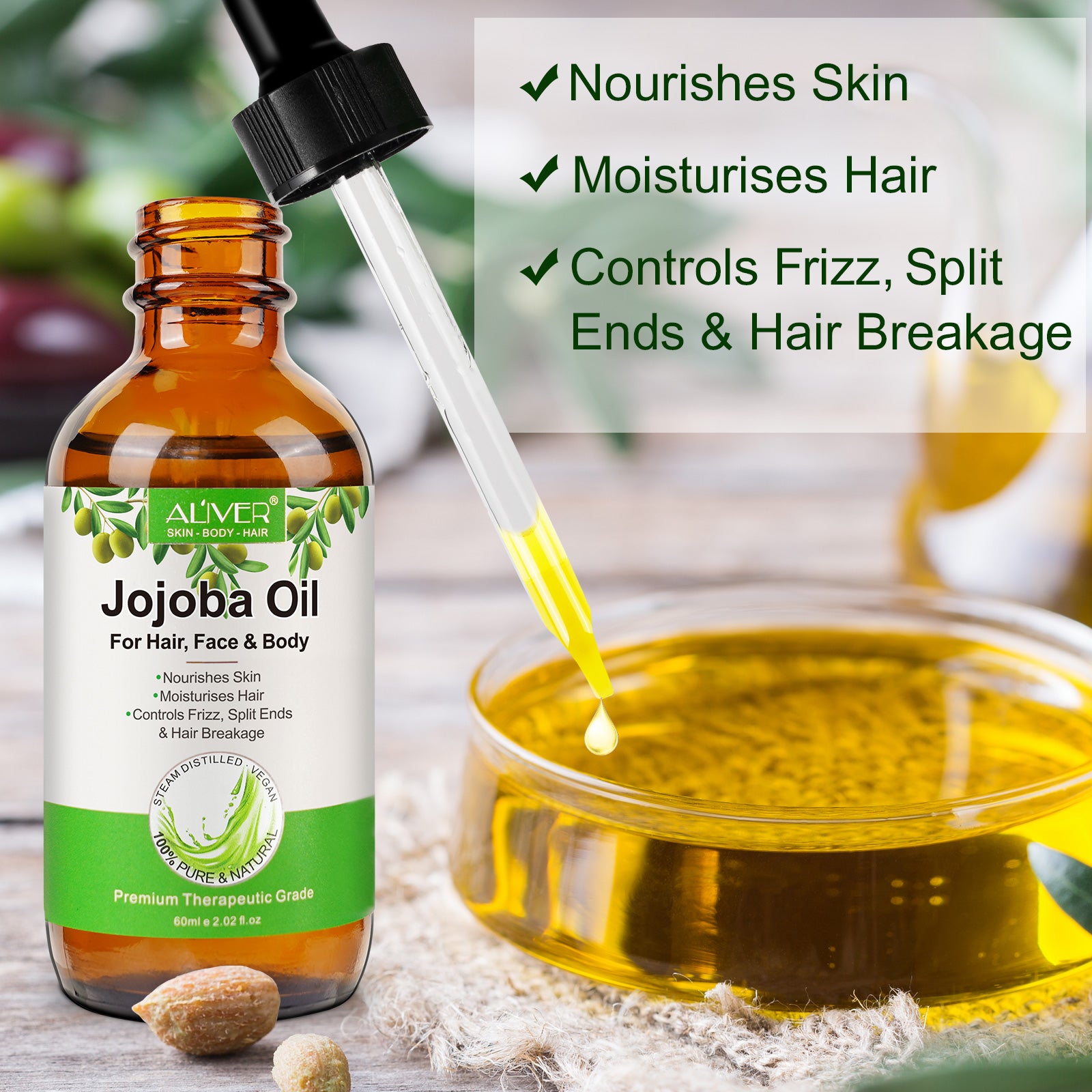 ALIVER Pure Jojoba Oil for Hair, Face & Body, 60ml