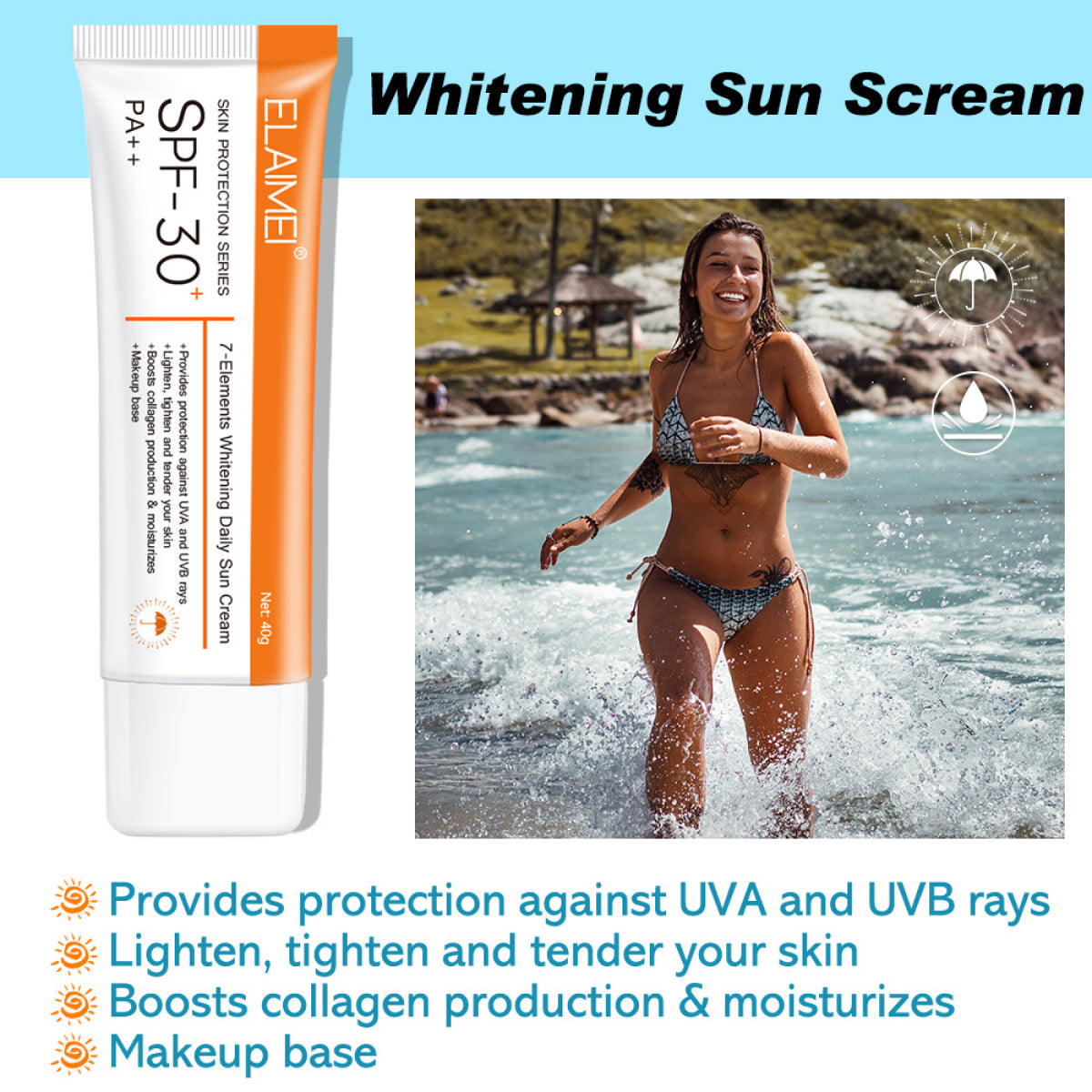 Elaimei UV Sunscreen SPF 30 PA++ Sunblock Sun Water Resistant Broad Spectrum Facial Body Skin Beach Defense 40g