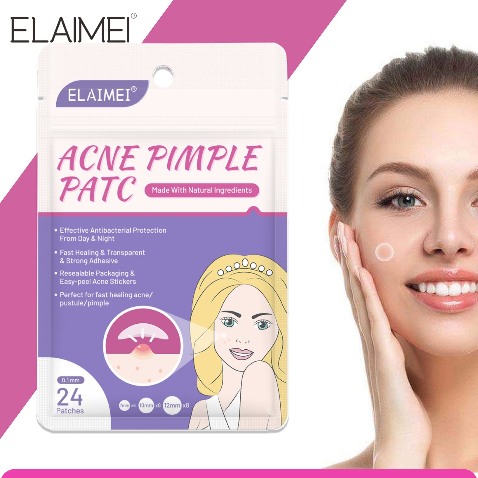 Elaimei Removal Acne Pimple Patches Plasters Face Skin Dot Stickers Cover Treatment Hydrocolloid Spot Blemishes Comedone Remover Cleaner (24 pcs )
