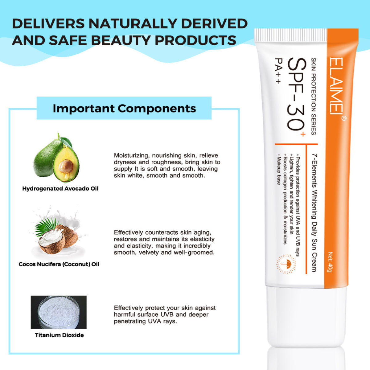 Elaimei UV Sunscreen SPF 30 PA++ Sunblock Sun Water Resistant Broad Spectrum Facial Body Skin Beach Defense 40g