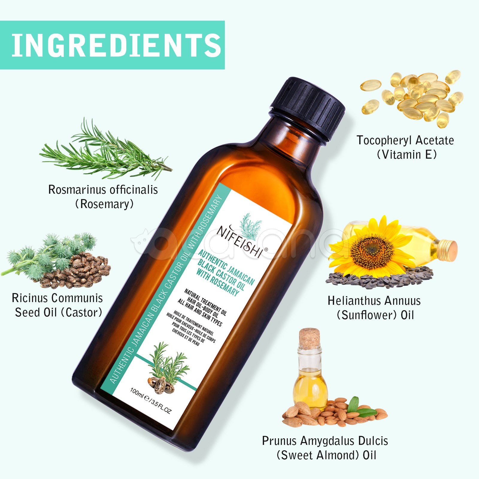 NIFEISHI Authentic Jamaican Black Castor Oil with Rosemary, 100ml