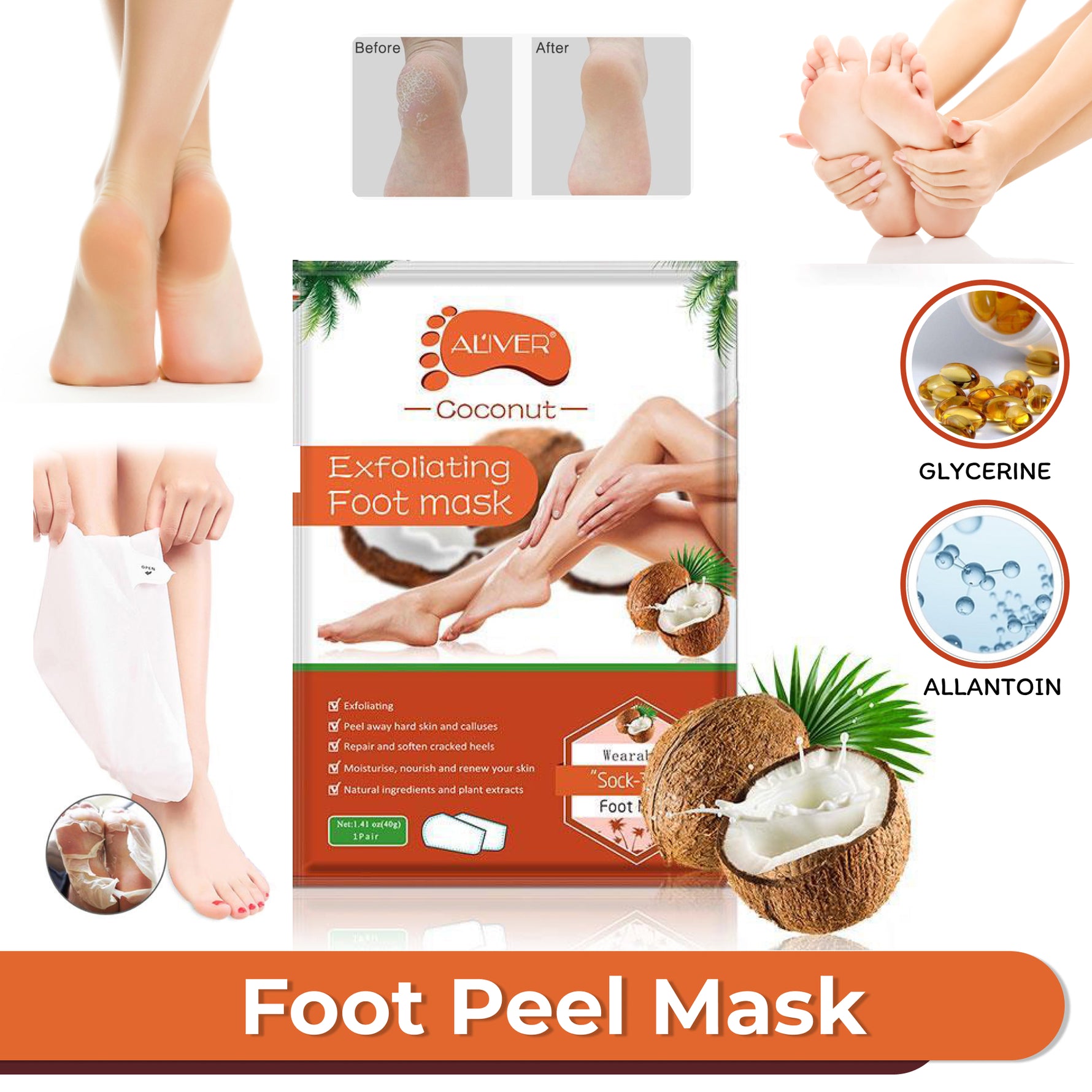 Aliver Coconut Soft Foot Peel Mask for Feet Dead Skin Remover