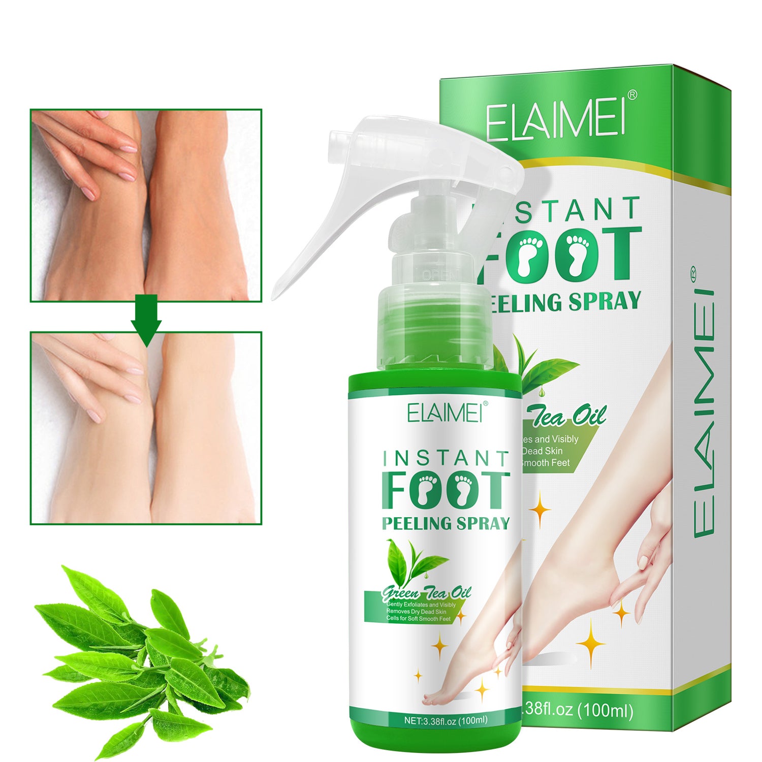 ELAIMEI Exfoliating Foot Peeling Spray with Green Tea Oil, 100ml