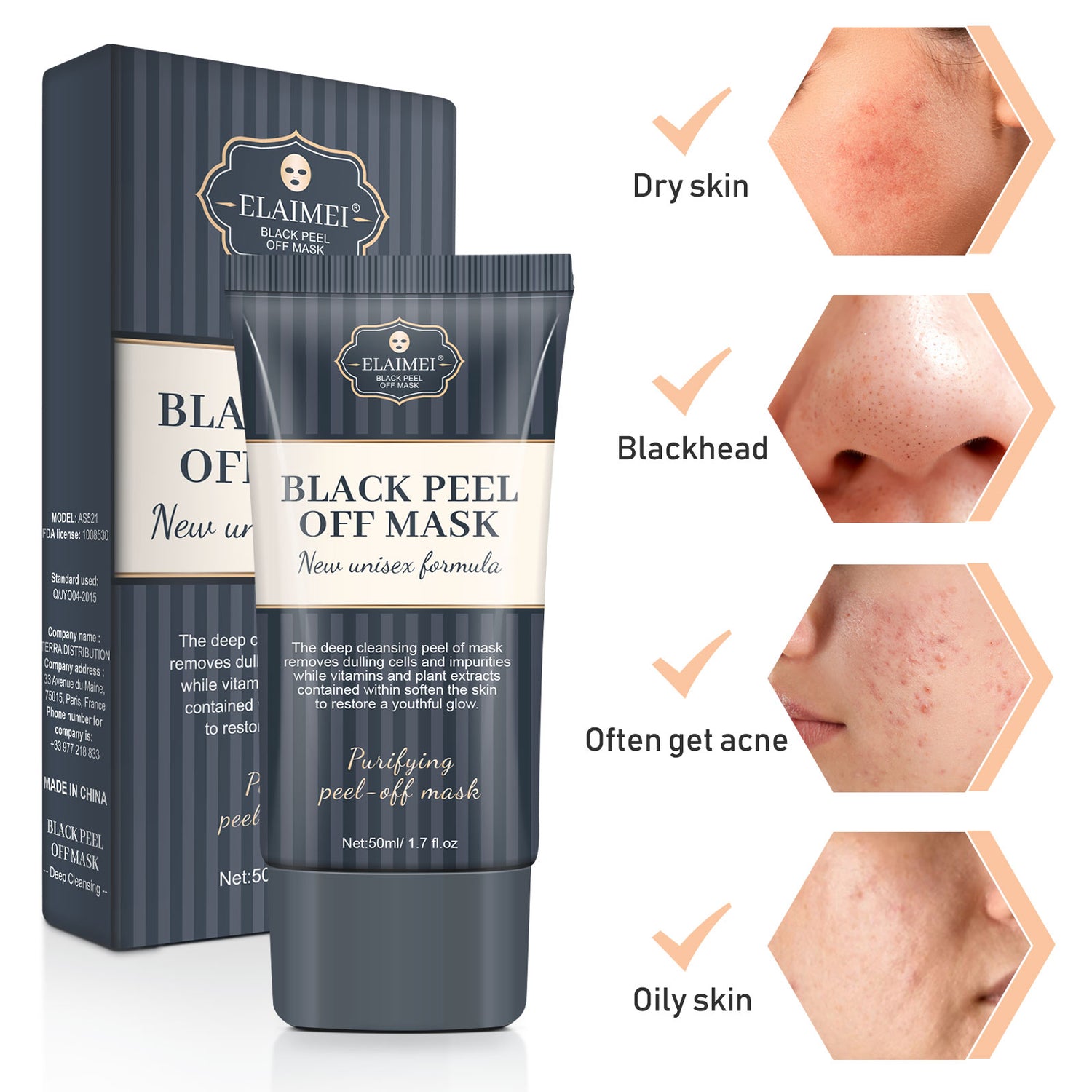 Elaimei Charcoal Black Mask Peel Off Mask Deep Face Nose Pores Cleansing Purifying Blackhead Acne Remover Facial Skin Oil Cleaner