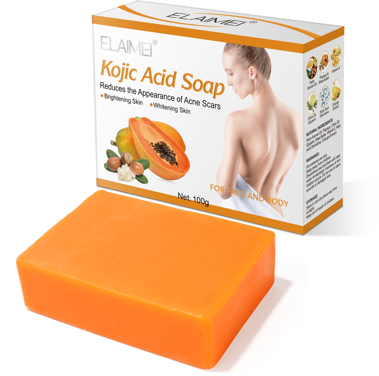 ELAIMEI Papaya Kojic Acid Soap for Face and Body, 100g