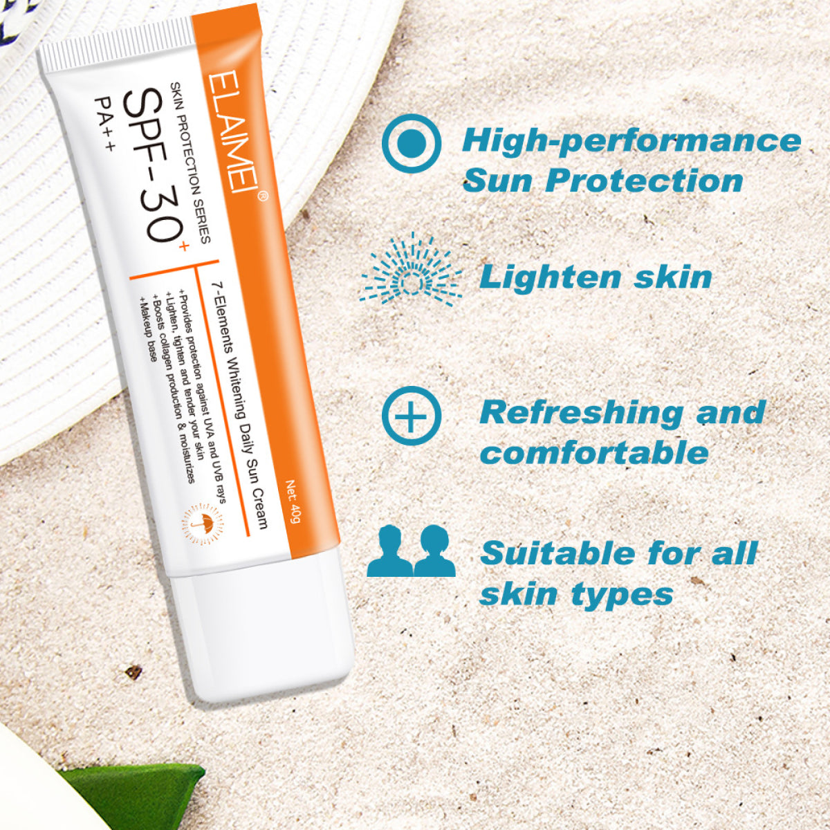 Elaimei UV Sunscreen SPF 30 PA++ Sunblock Sun Water Resistant Broad Spectrum Facial Body Skin Beach Defense 40g