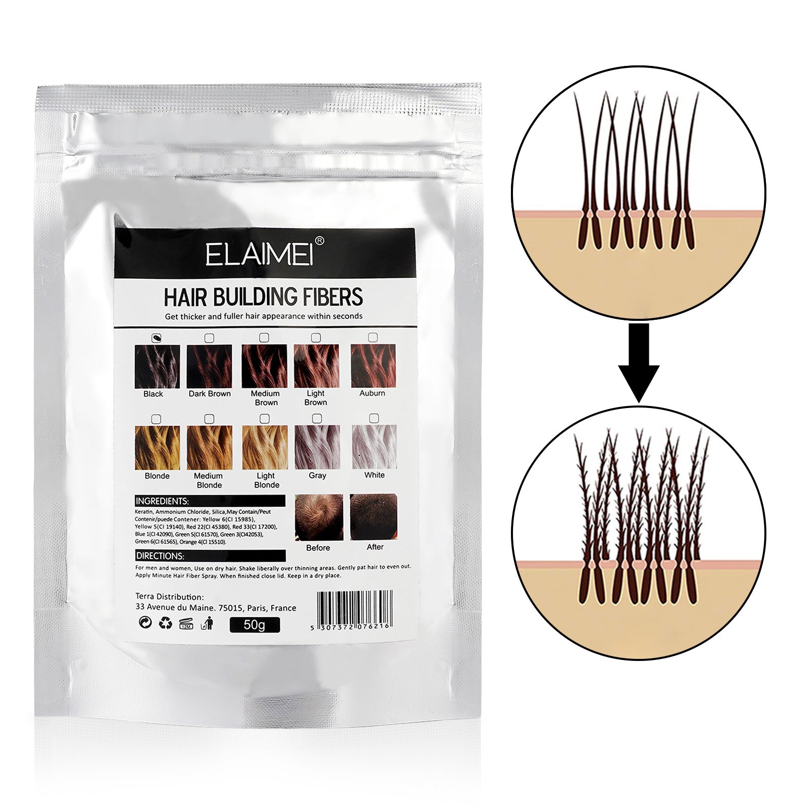 ELAIMEI Hair Loss Building Fibers, 50g (Medium Brown)