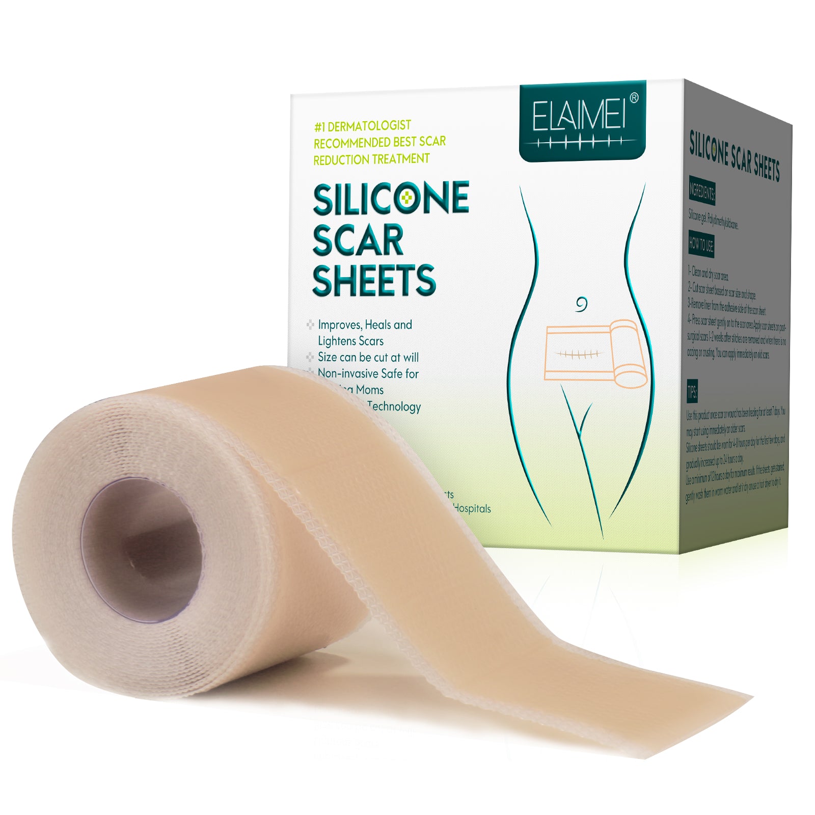 ELAIMEI Silicone Scar Removal Sheets, Roll Tape 3m