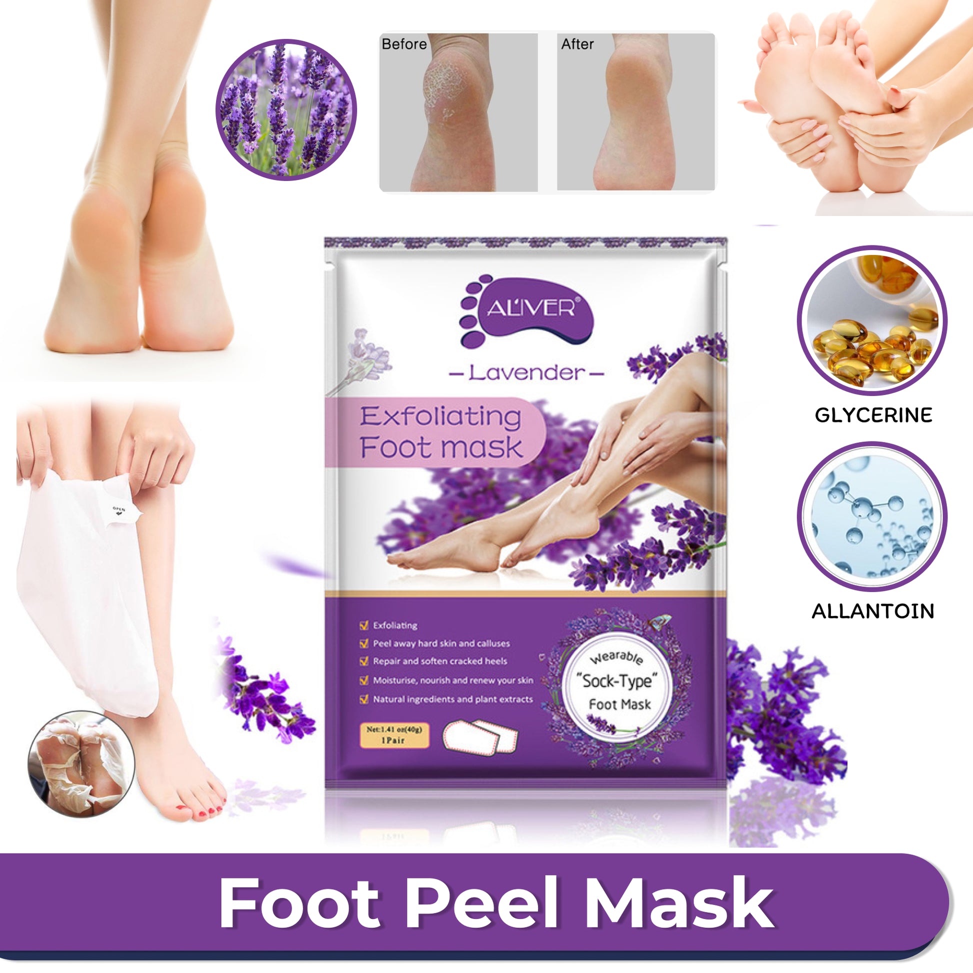 Aliver Lavender Soft Foot Peel Mask for Feet Dead Skin Remover