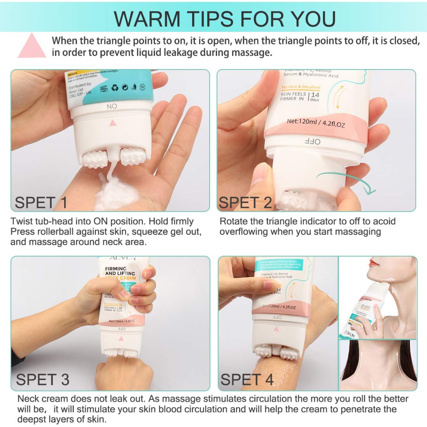 Aliver Firming Neck Skin Cream Roller for Facial Lifting Massage