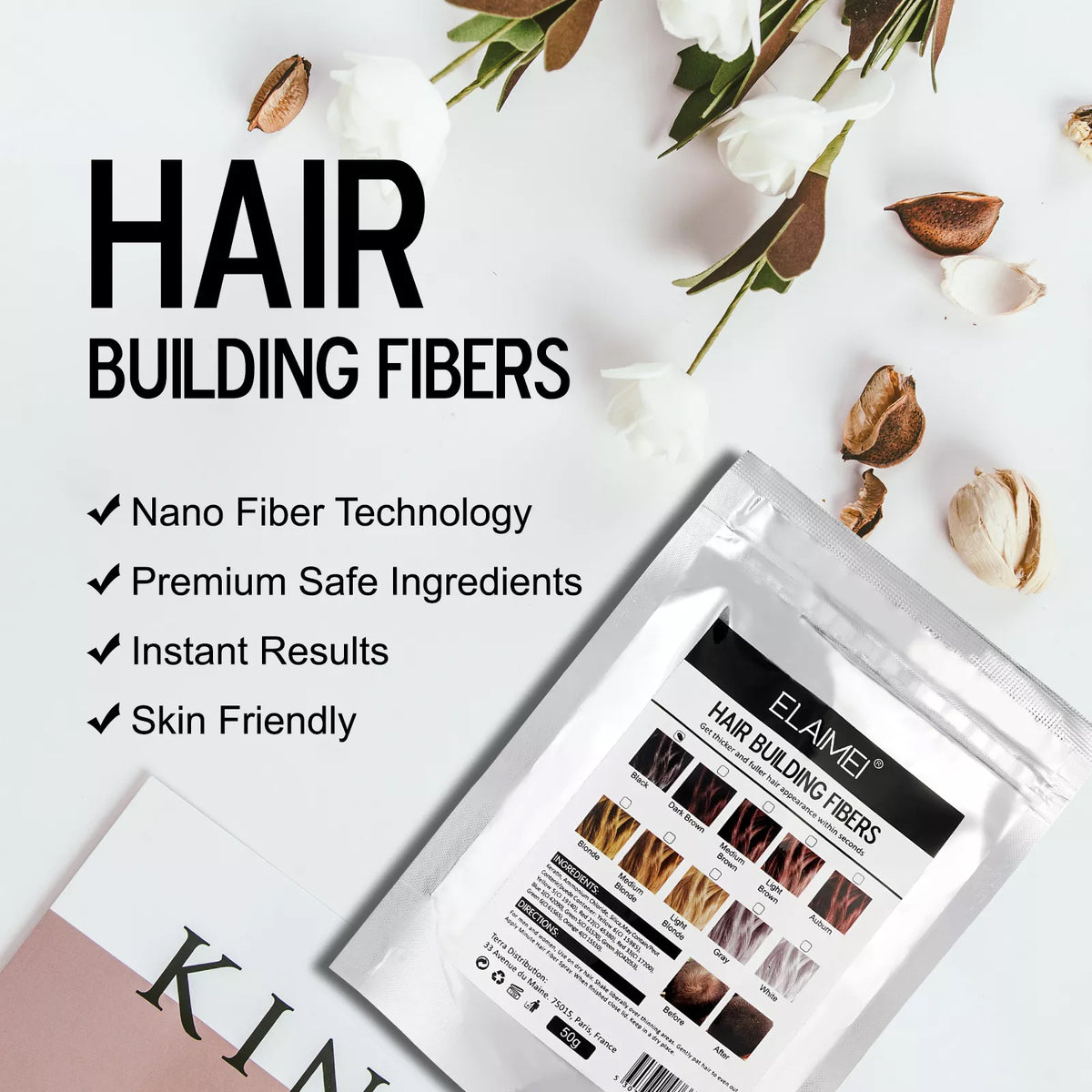 ELAIMEI Hair Building Fibers Alopecia Keratin Thicker Concealer Hair Loss Powder for Men & Women, Dark Brown Bag 50g