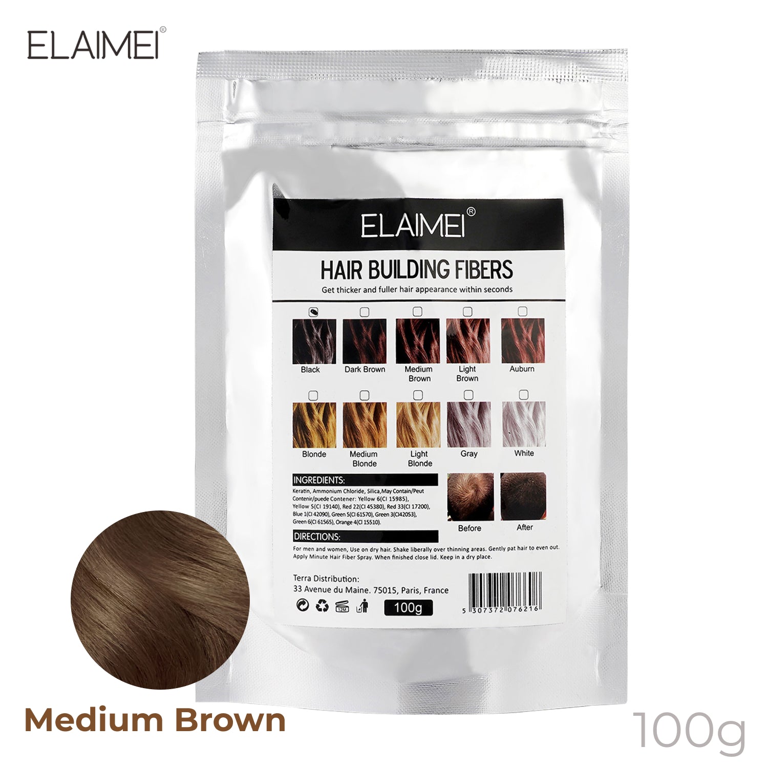 ELAIMEI Hair Loss Building Fibers, 100g (MEDIUM BROWN)