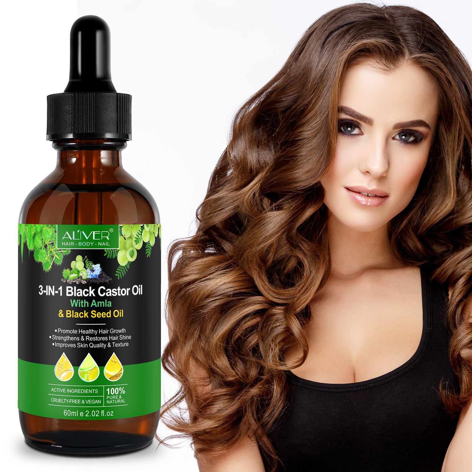 ALIVER Natural 3-in-1 Black Castor Oil with Amla & Black Seed Oil, 60ml