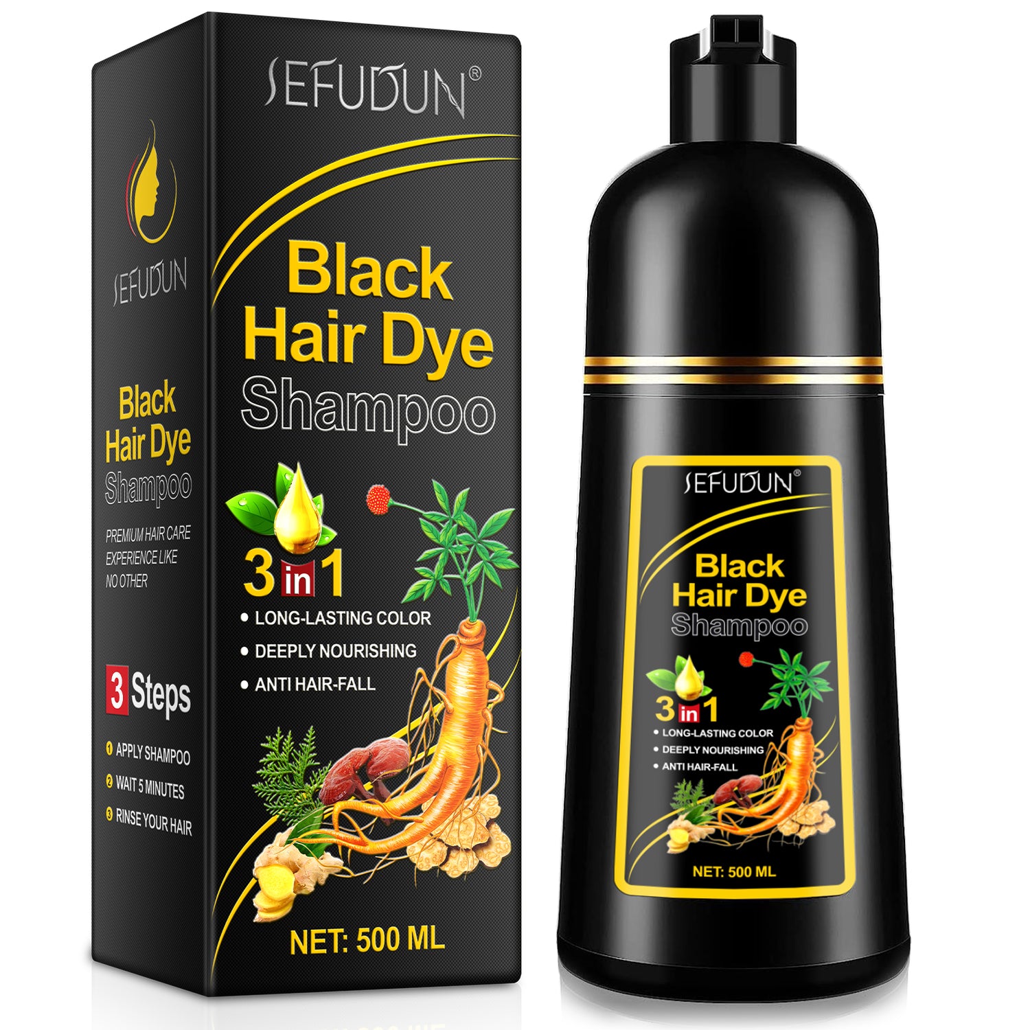 SEFUDUN 3in1 BLACK Hair Dye Shampoo, 500ml
