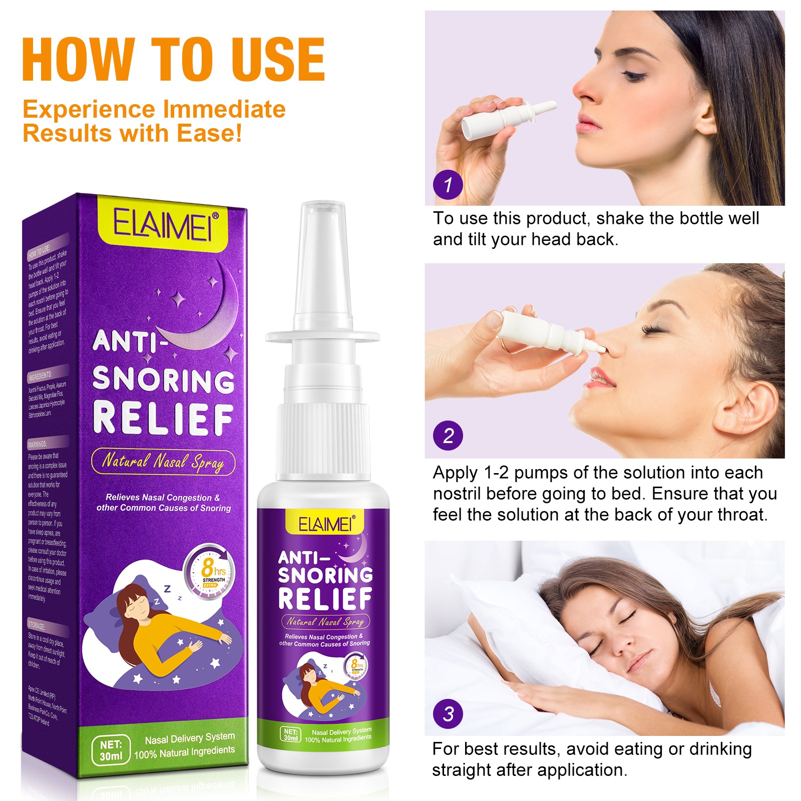 ELAIMEI Natural Anti Snoring Nasal Spray, 30ml