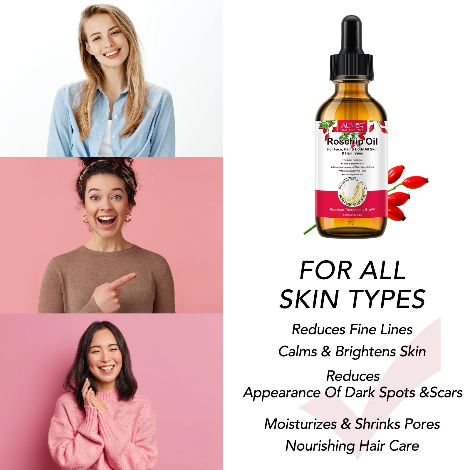 ALIVER Pure Rosehip Oil for Hair, Face & Body, 60ml