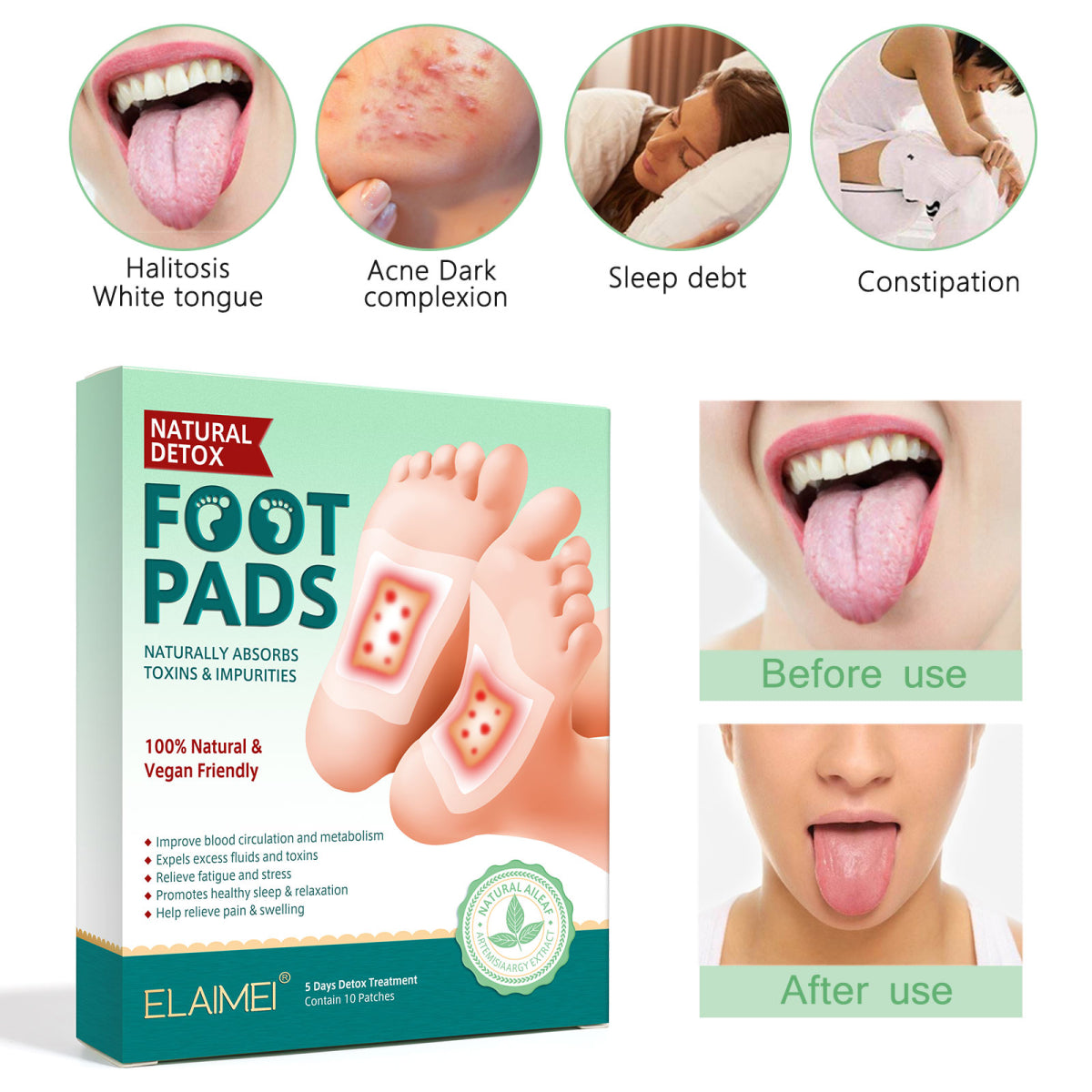 ELAIMEI Adhesive Detox Foot Patches, Toxin Removal Pads (10 pcs)
