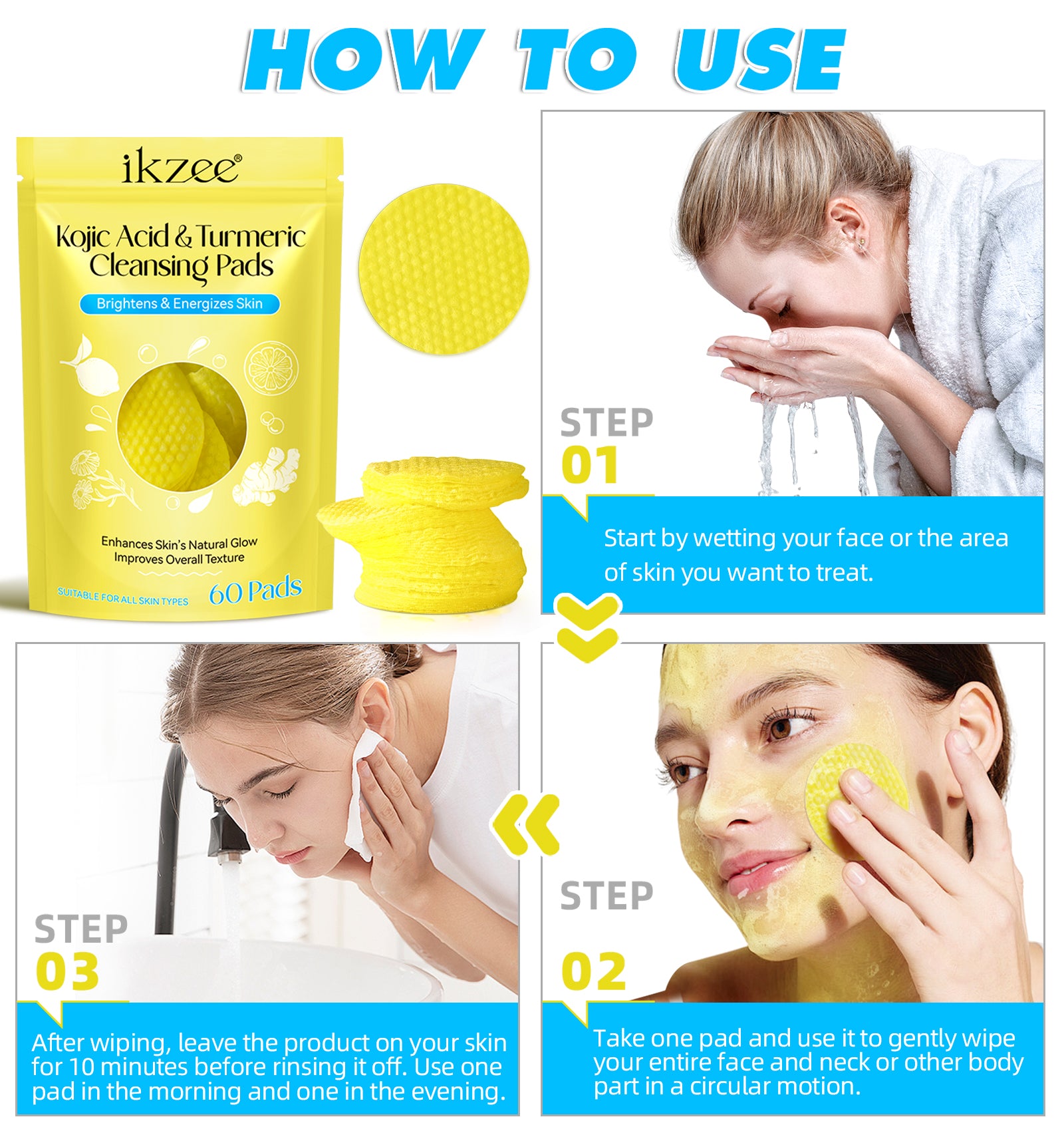 IKZEE Kojic Acid & Turmeric Cleansing Pads, 60pcs