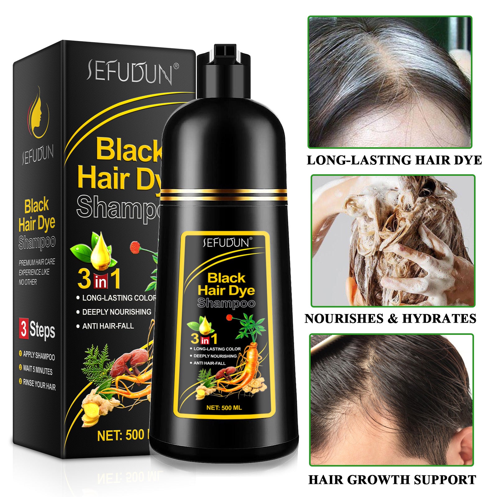 SEFUDUN 3in1 BLACK Hair Dye Shampoo, 500ml