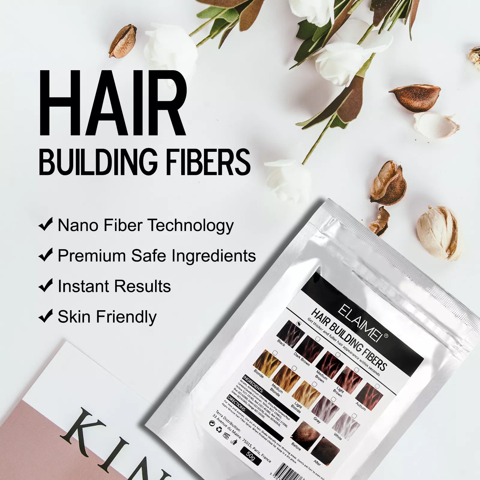 ELAIMEI Hair Loss Building Fibers, 50g (Black)