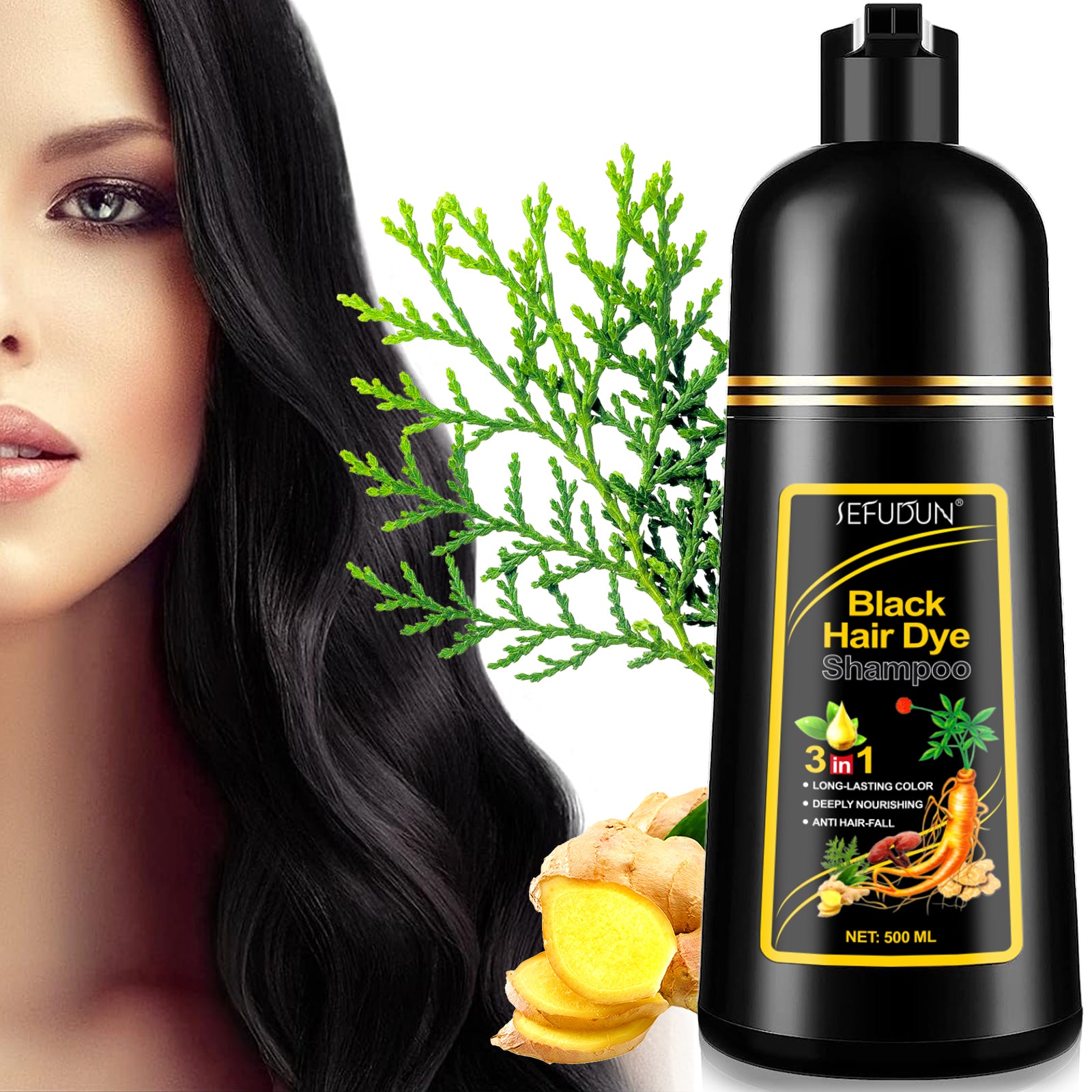 SEFUDUN 3in1 BLACK Hair Dye Shampoo, 500ml