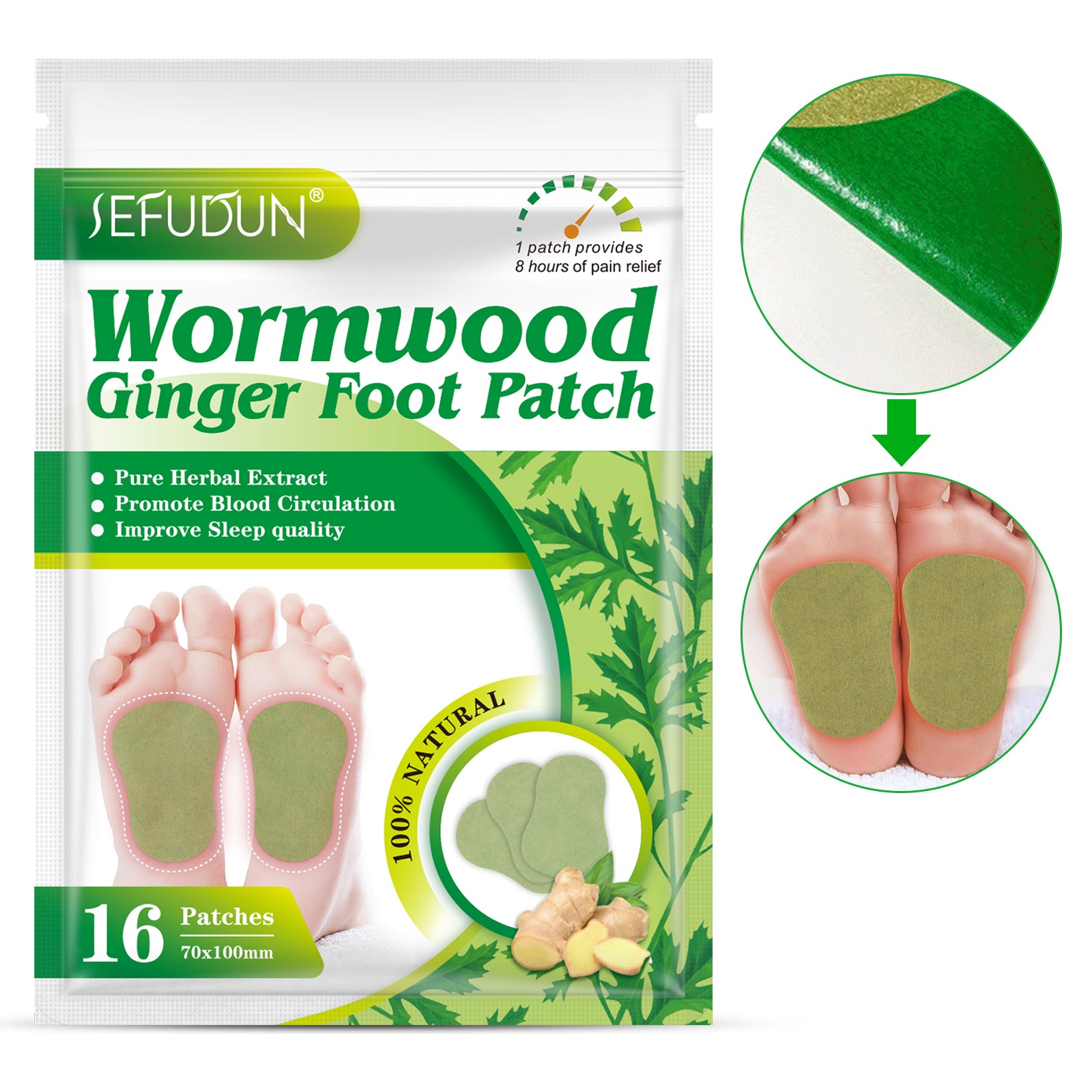 SEFUDUN Wormwood Ginger Detox Foot Patches, 16pcs