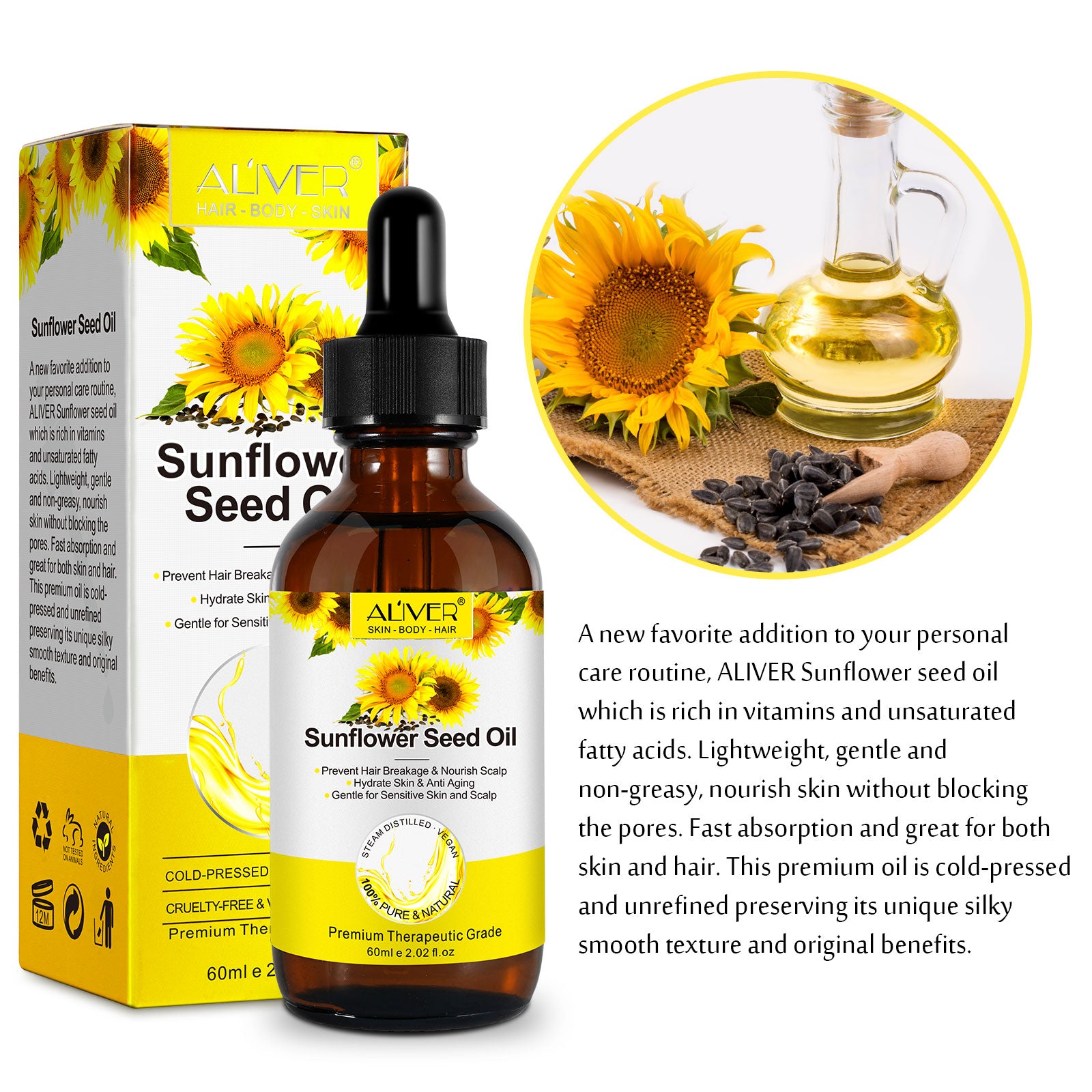 ALIVER Pure Sunflower Seed Oil for Hair, Body & Skin, 60ml