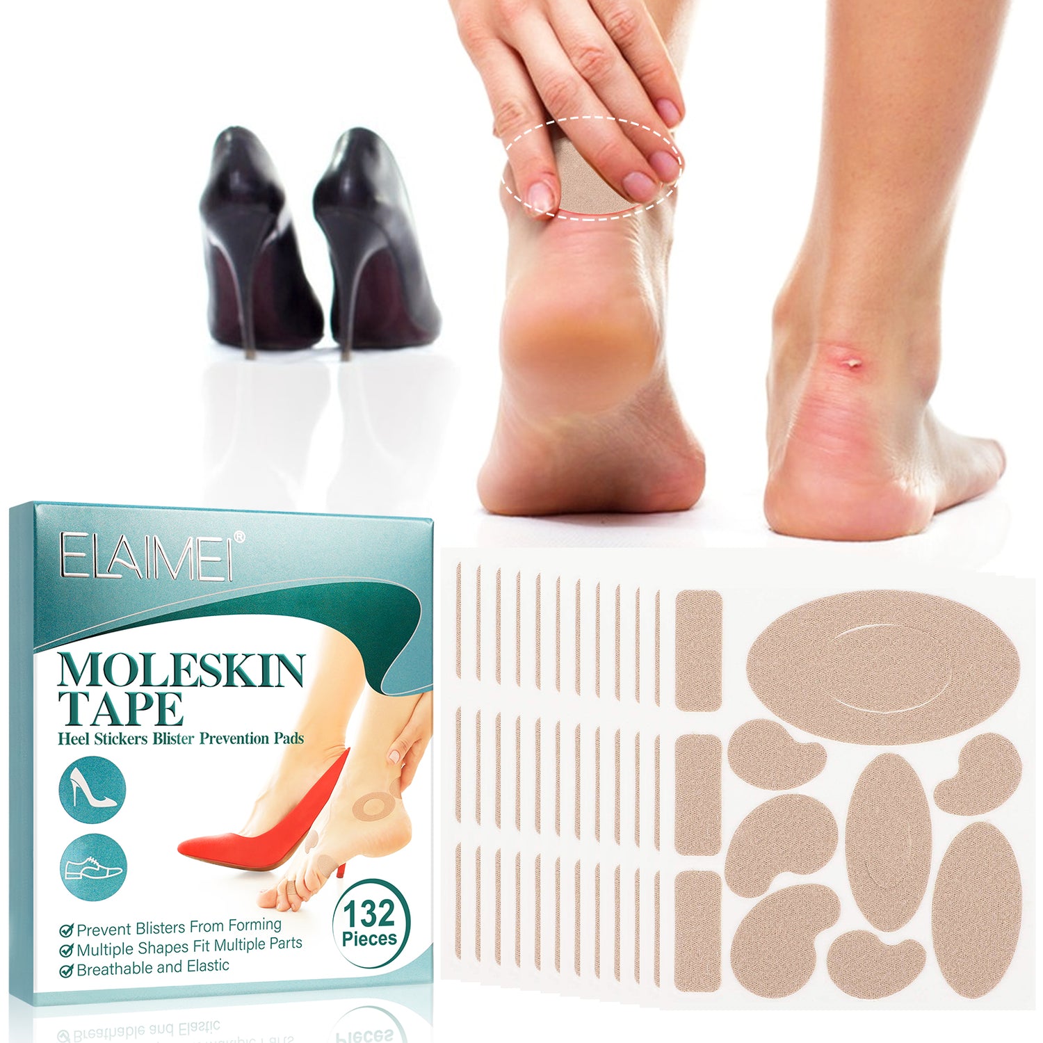 ELAIMEI Moleskin Tape for Feet, Blister Prevention (pack of 132pcs)