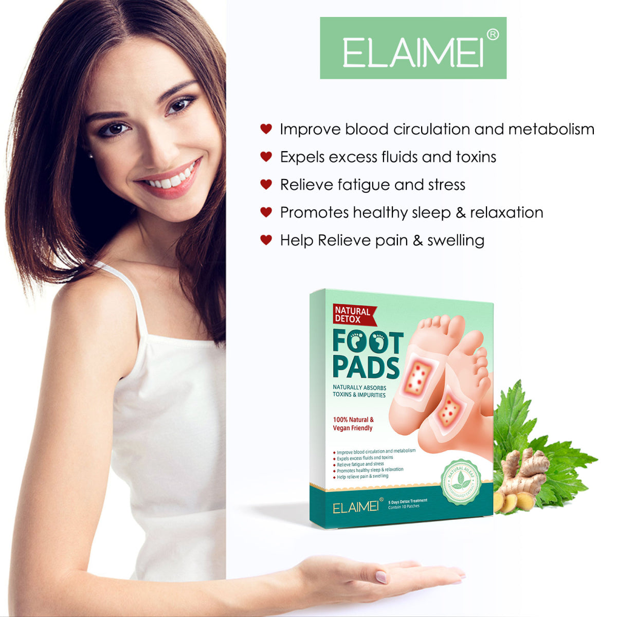ELAIMEI Adhesive Detox Foot Patches, Toxin Removal Pads (10 pcs)