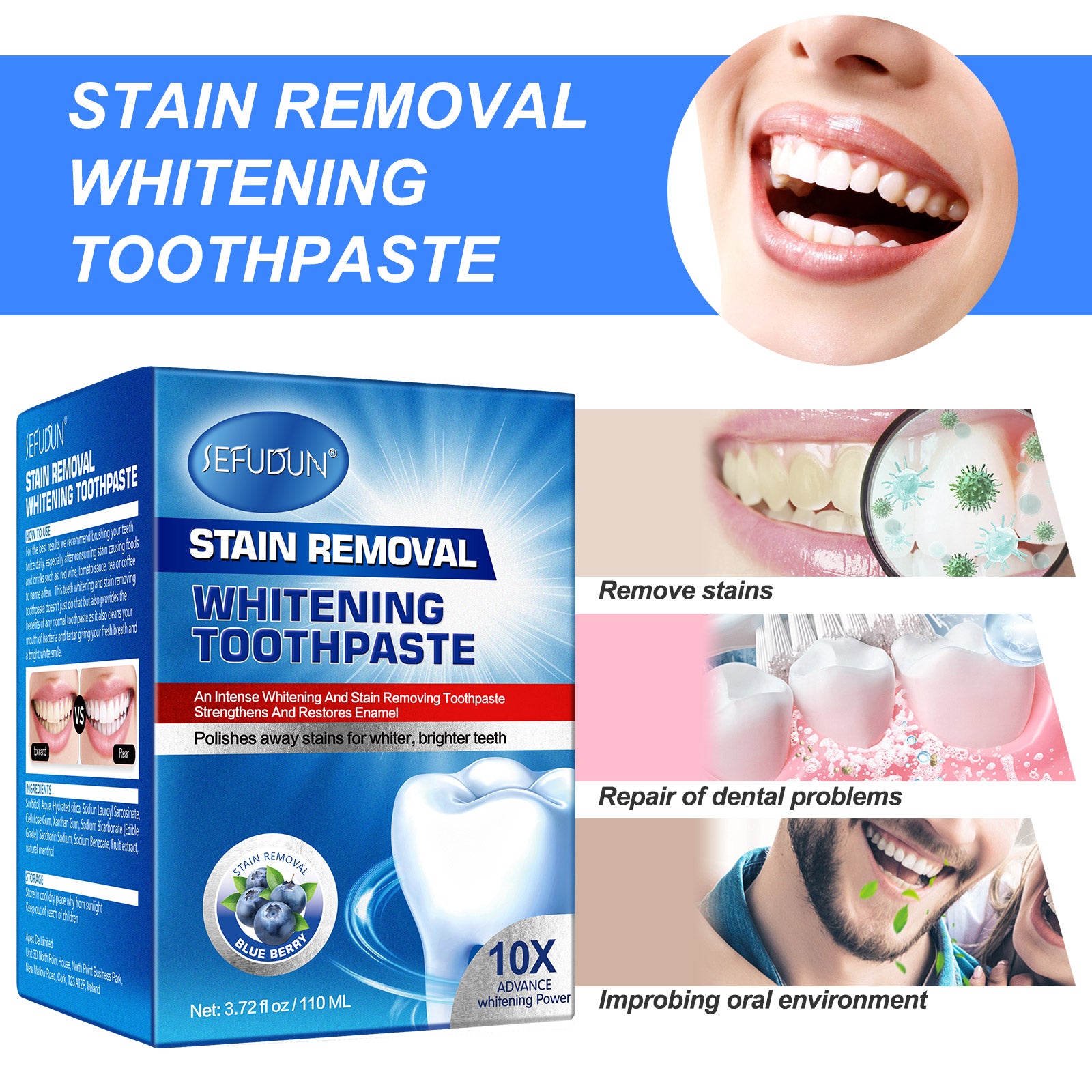 SEFUDUN Whitening Toothpaste for Stain Removal, 110ml (Blueberry)