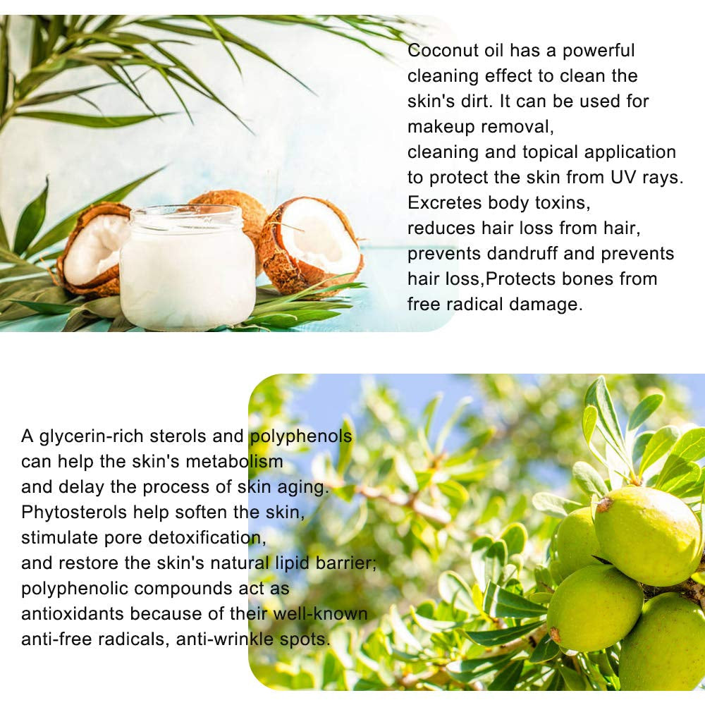 Elbbub Natural Argan Coconut Oil For Face Hair Skin Nails Reduces Wrinkles Improves Skin Moisturizer Great for Dry Scalp Split Ends Dry & Damaged Hair