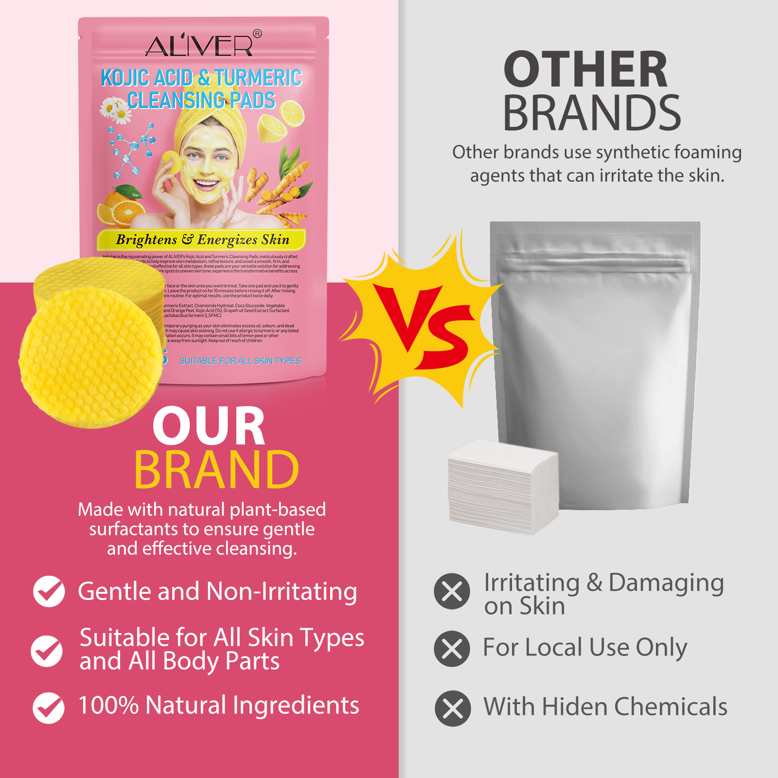 ALIVER Kojic Acid & Turmeric Cleansing Pads for Dark Spots, 40pcs