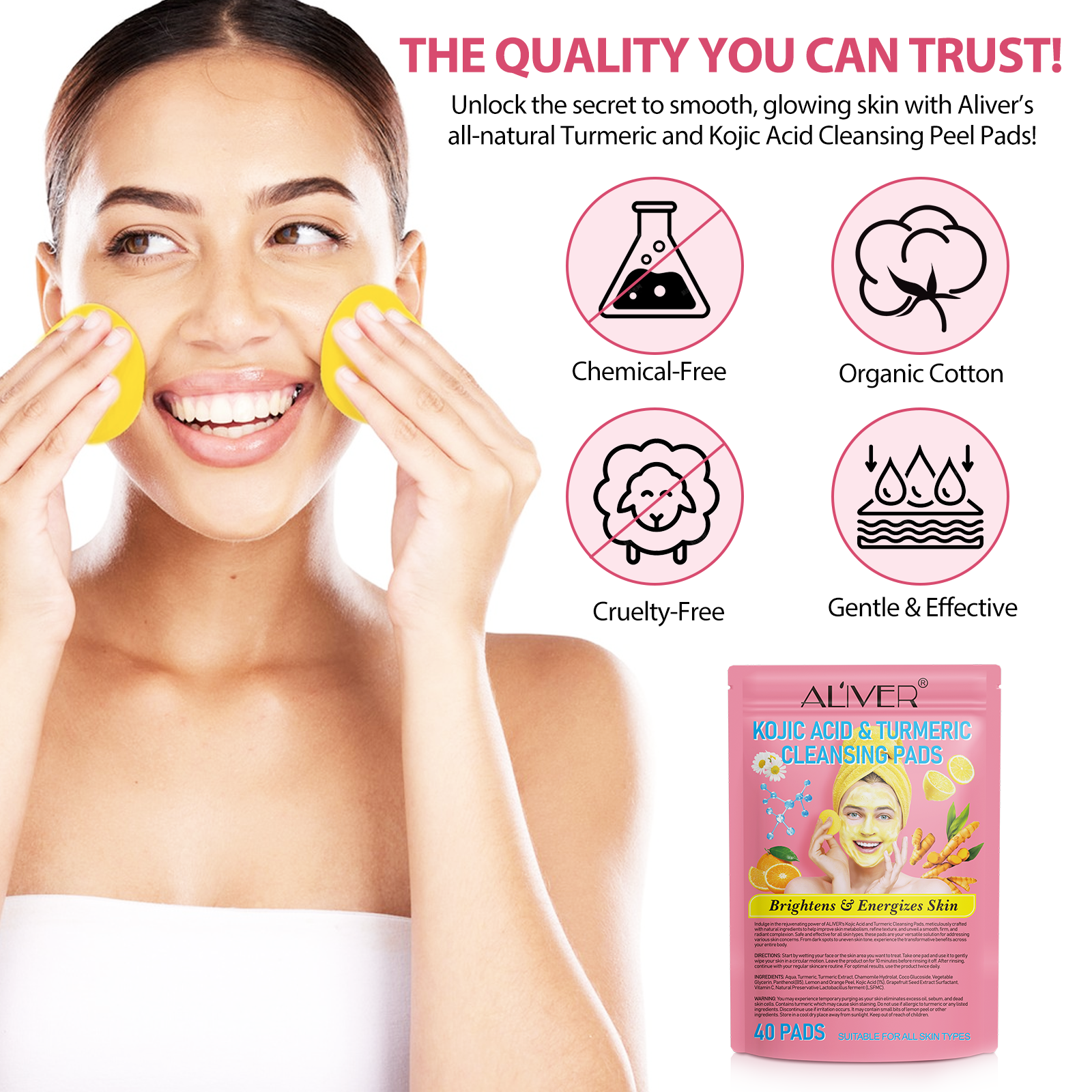 ALIVER Kojic Acid & Turmeric Cleansing Pads for Dark Spots, 40pcs