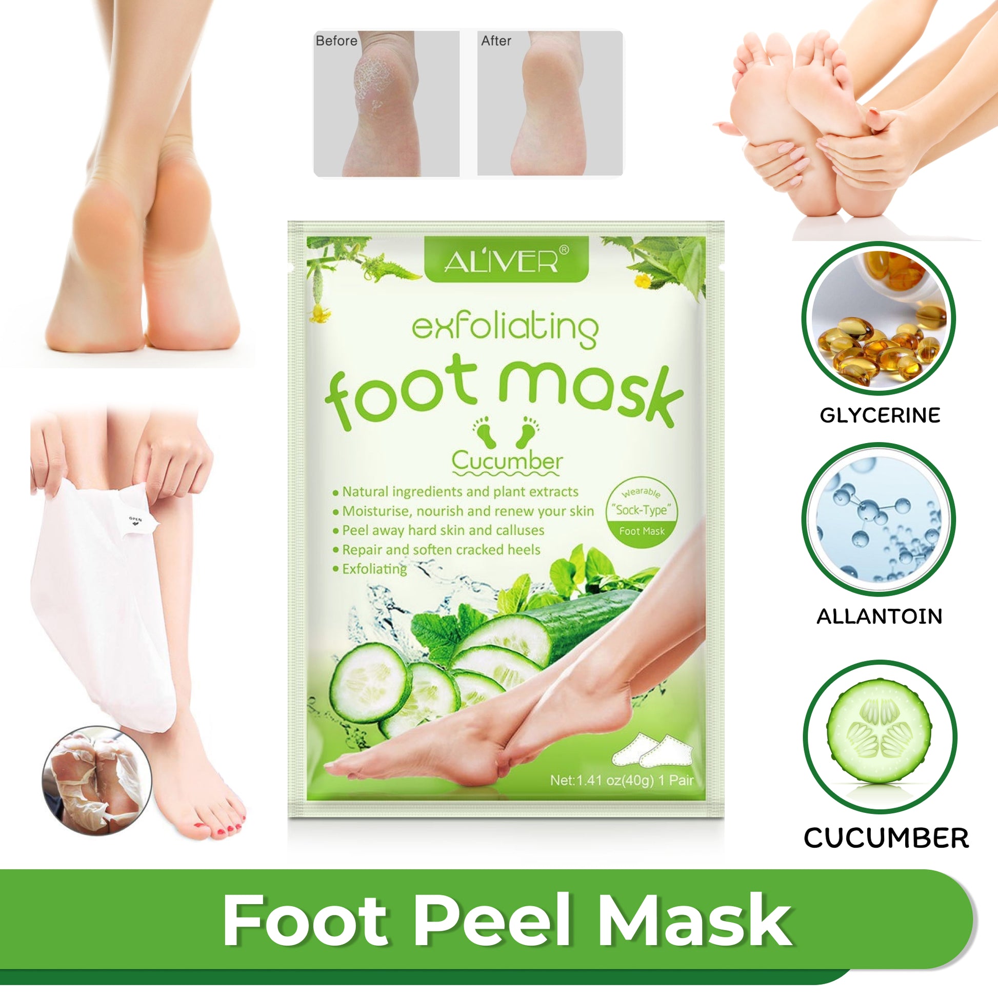 Aliver Cucumber Soft Foot Peel Mask for Feet Dead Skin Remover